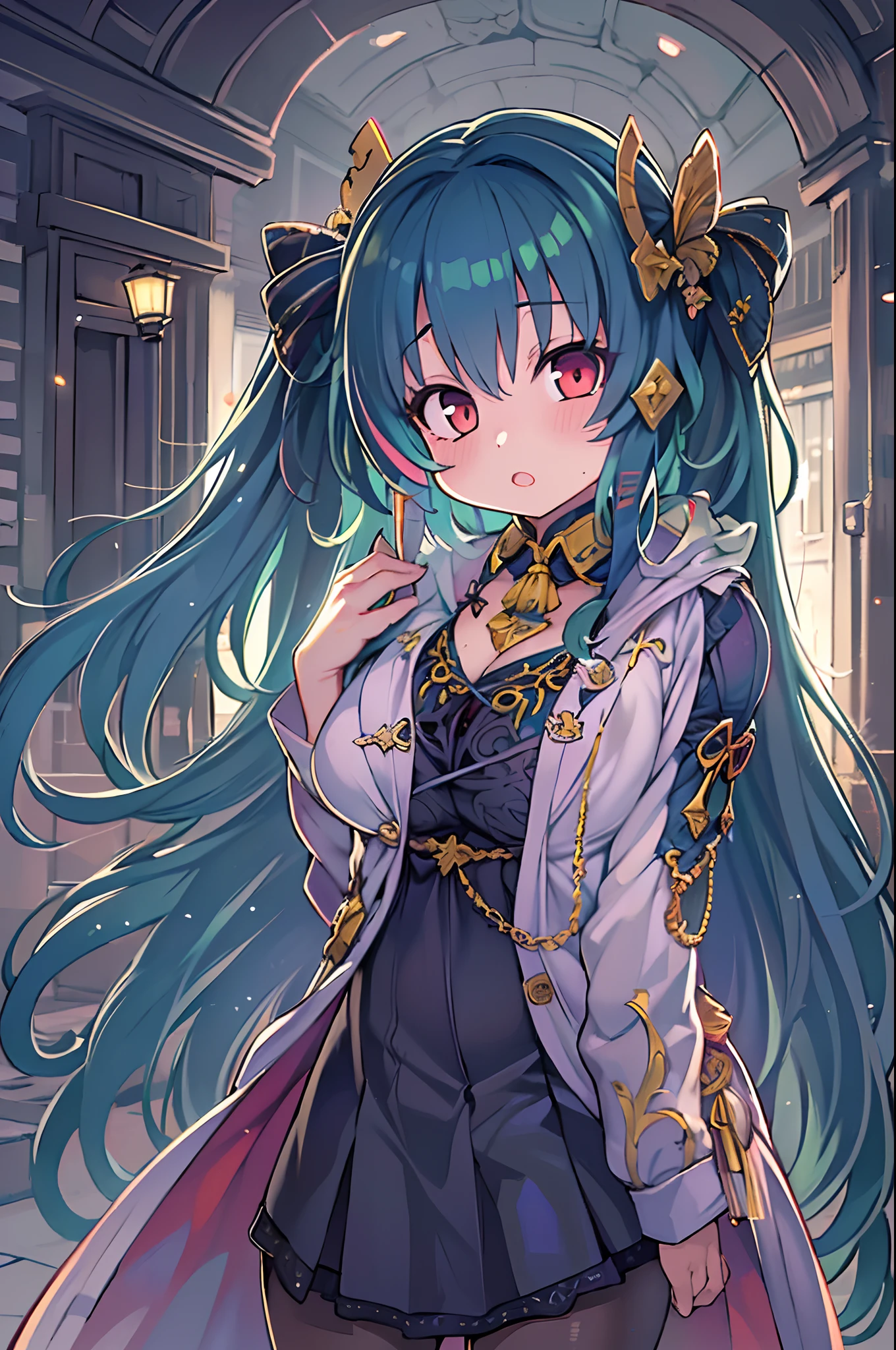 (masutepiece:1.4), (Best Quality:1.4), Extremely detailed, Convoluted, Hyper Detailed, Illustration,Soft lighting, Scenic, 1girl in, feeling of disgust, Navy blue hair, Colorful, colorized, from a_Above ,Vampire_The costume , Runway