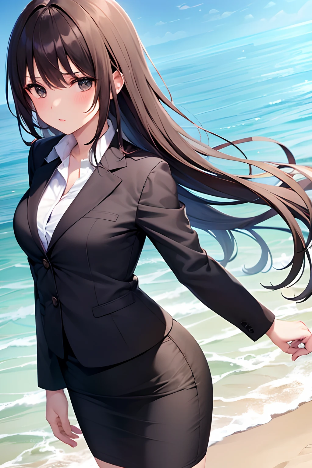 1girl, suit, beach, office lady, black skirt, black blazer, pencil skirt, medium skirt, brown hair