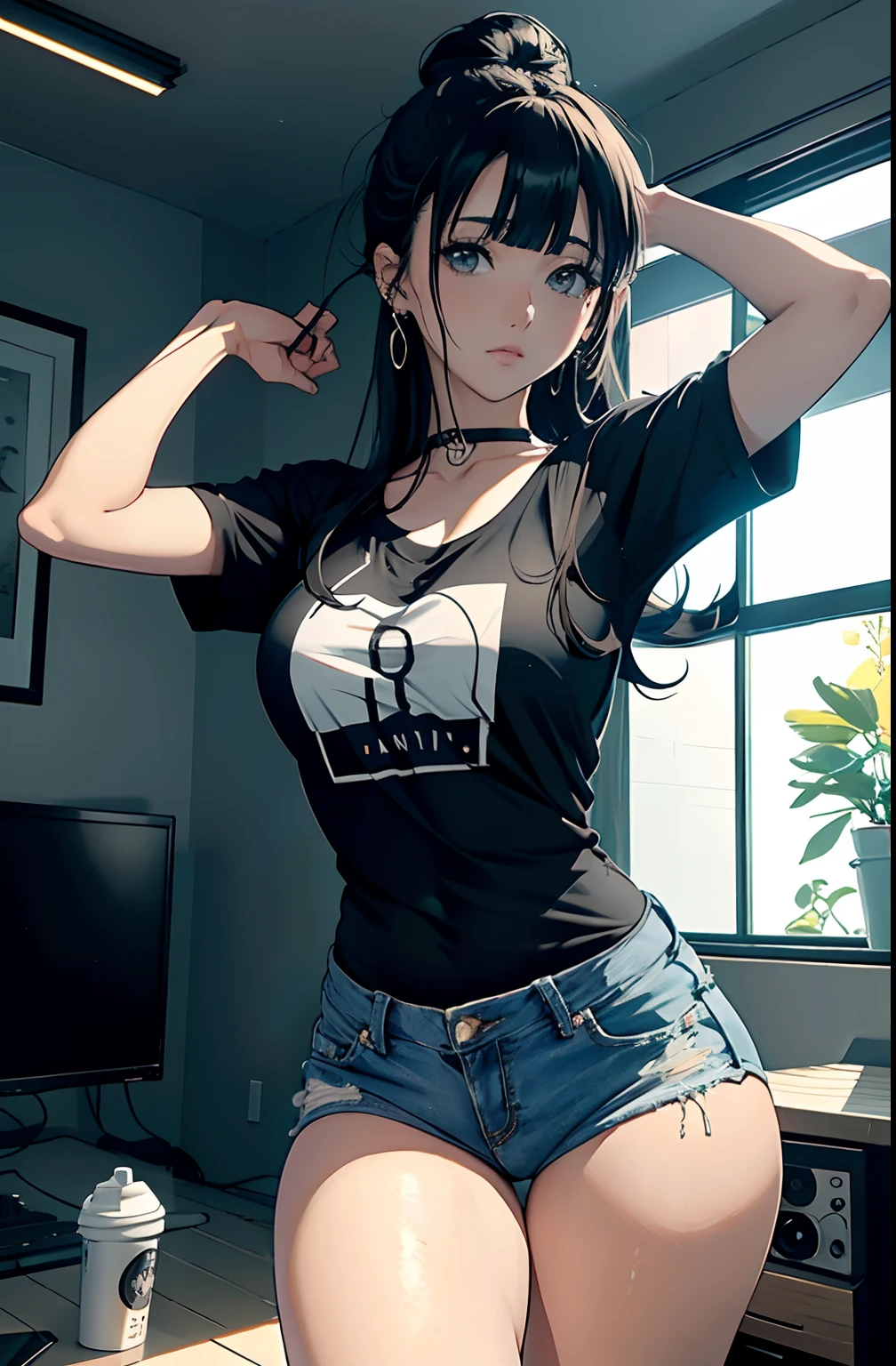 (Hinata Hyuga, muito sensual, com roupas apertadas, bunda grande, pernas grossas, Wearing extremely tight jeans, usando uma mini blusa, umbigo com pirsing, cabelo grande, Speaker behind, muito realista, extremamente sexy, 8k, 8k extremamente detalhado), (um extremamente delicado e bonito), (obra-prima), (melhor qualidade: 1.0), (ultra highres:1.0)