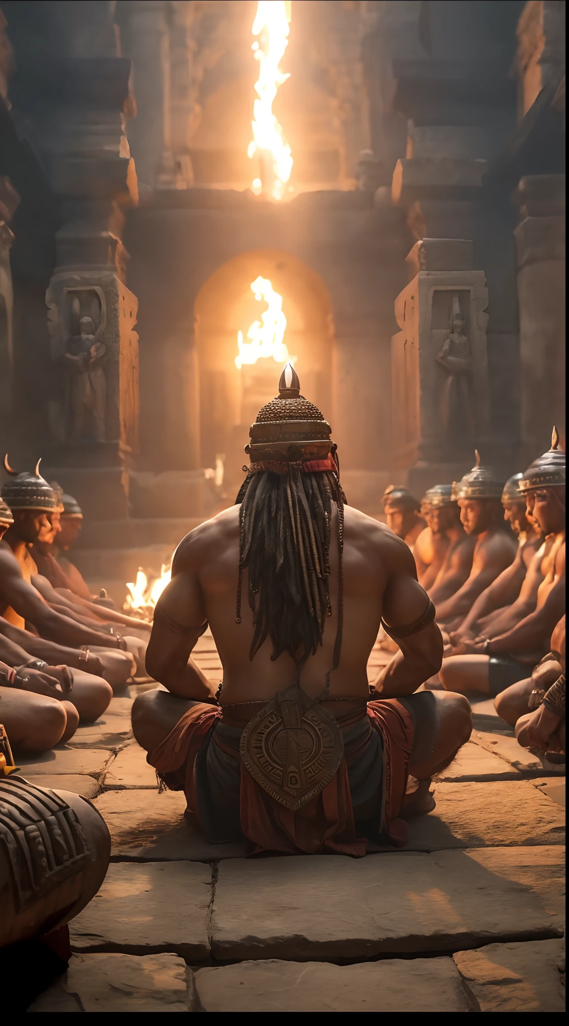 a group of people sitting in front of a fire, a detailed matte painting, samikshavad, holy man looking at ground, epic shot cinematography, god shiva the destroyer, his back is turned, stunning cinematography, an aztec warrior, motivational, ceremony, unbelievable, top, beautiful, moloch, a beautiful, 8k, hyper realistic, vibrant colors, realistic textures, global illumination