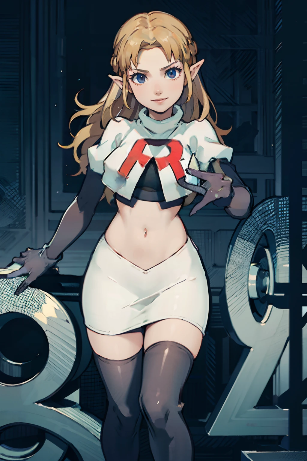 face of Princess Zelda, ZeldaTOTK. 1girl,team rocket,team rocket uniform, red letter R, white skirt,white crop top,black thigh-highs,black elbow gloves, evil looking smile