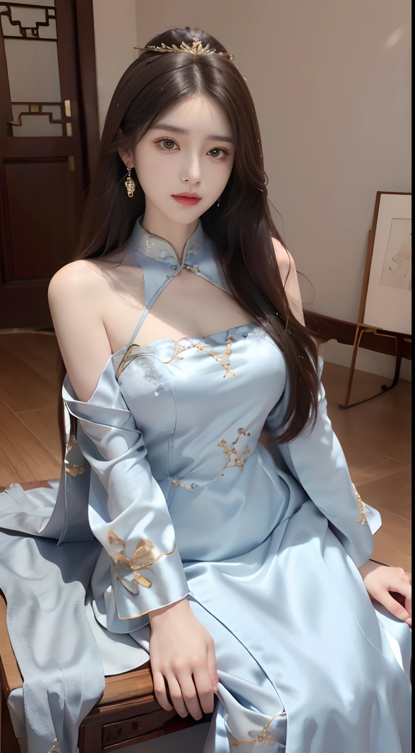 black hair, hair bobbles, wince, longeyelashes, solid circle eyes, light smile, ear blush, fang, Surrealism, drop shadow, anaglyph, stereogram, tachi-e, pov, atmospheric perspective, 8k, super detail, ccurate, best quality，A lady in a blue dress sits on the stairs, beautiful fantasy queen, full body xianxia, Flowing Magic Robe, Inspired by Lan Ying, anime goddess, palace ， Girl wearing Hanfu, Beautiful Celestial Mage, xianxia fantasy, ((beautiful fantasy queen)), Japanese Goddess, Popular on cgstation, cotton cloud mage robes