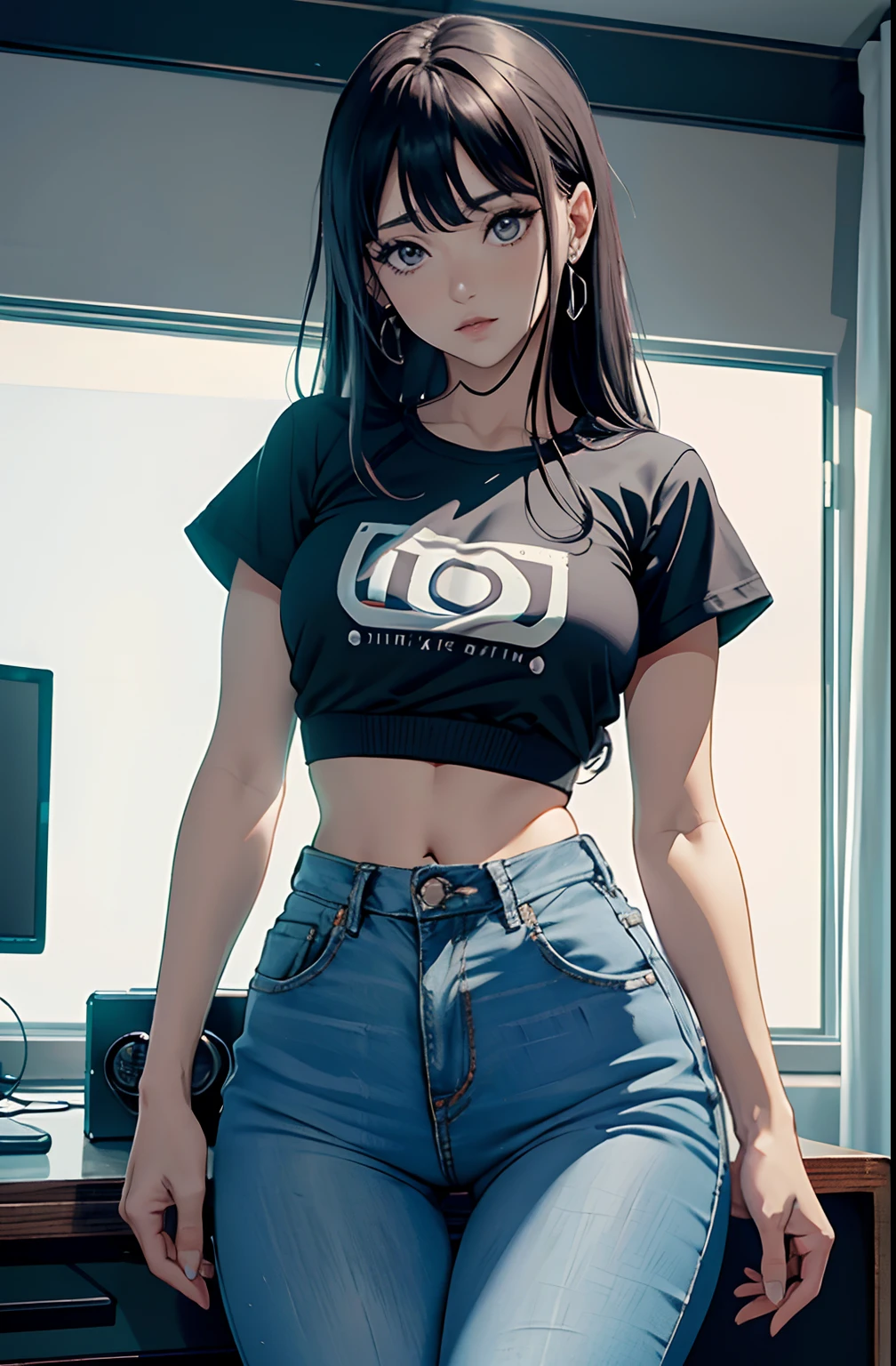 (Hinata Hyuga, muito sensual, com roupas apertadas, bunda grande, pernas grossas, Wearing extremely tight jeans, usando uma mini blusa, umbigo com pirsing, cabelo grande, Speaker behind, muito realista, extremamente sexy, 8k, 8k extremamente detalhado), (um extremamente delicado e bonito), (obra-prima), (melhor qualidade: 1.0), (ultra highres:1.0)