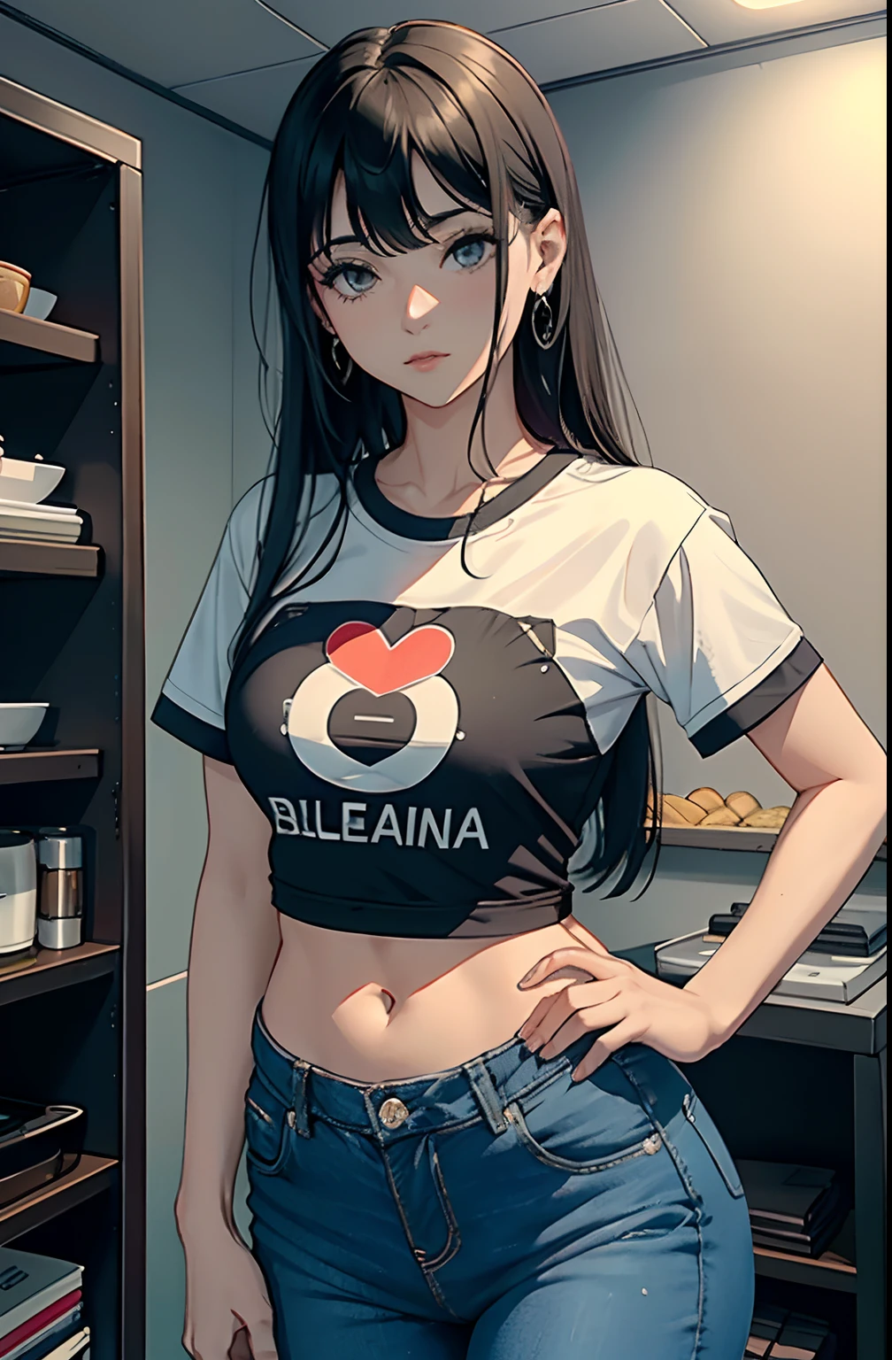 (Hinata Hyuga, muito sensual, com roupas apertadas, bunda grande, pernas grossas, Wearing extremely tight jeans, usando uma mini blusa, umbigo com pirsing, cabelo grande, Speaker behind, muito realista, extremamente sexy, 8k, 8k extremamente detalhado), (um extremamente delicado e bonito), (obra-prima), (melhor qualidade: 1.0), (ultra highres:1.0)