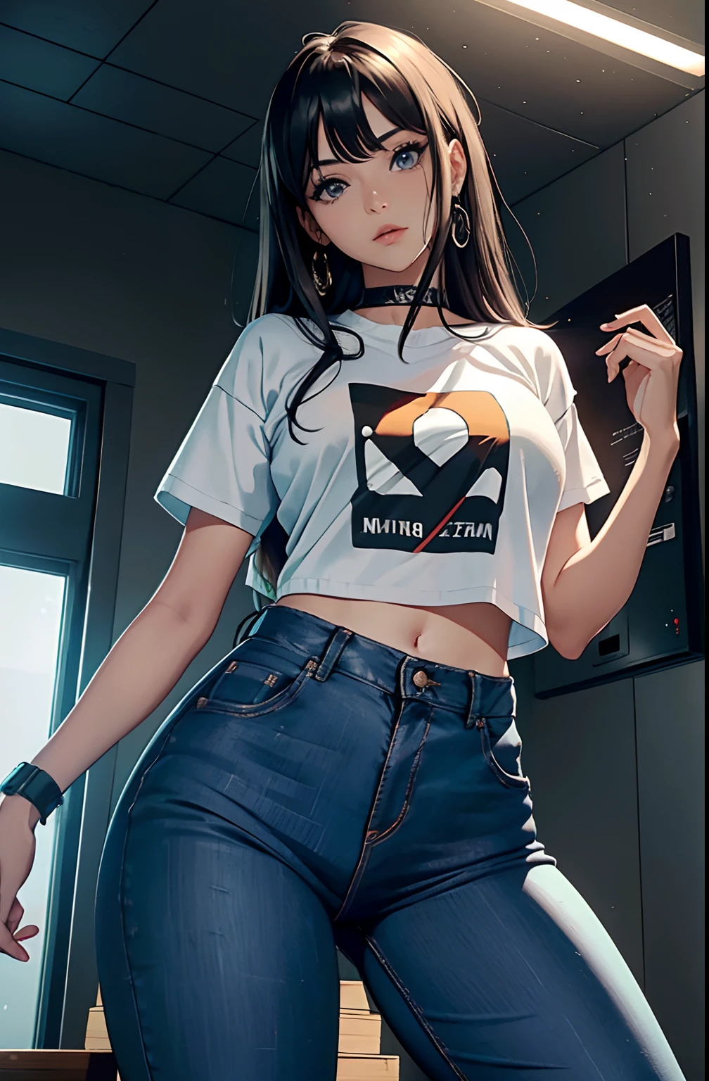 (Hinata Hyuga, muito sensual, com roupas apertadas, bunda grande, pernas grossas, Wearing extremely tight jeans, usando uma mini blusa, umbigo com pirsing, cabelo grande, Speaker behind, muito realista, extremamente sexy, 8k, 8k extremamente detalhado), (um extremamente delicado e bonito), (obra-prima), (melhor qualidade: 1.0), (ultra highres:1.0)