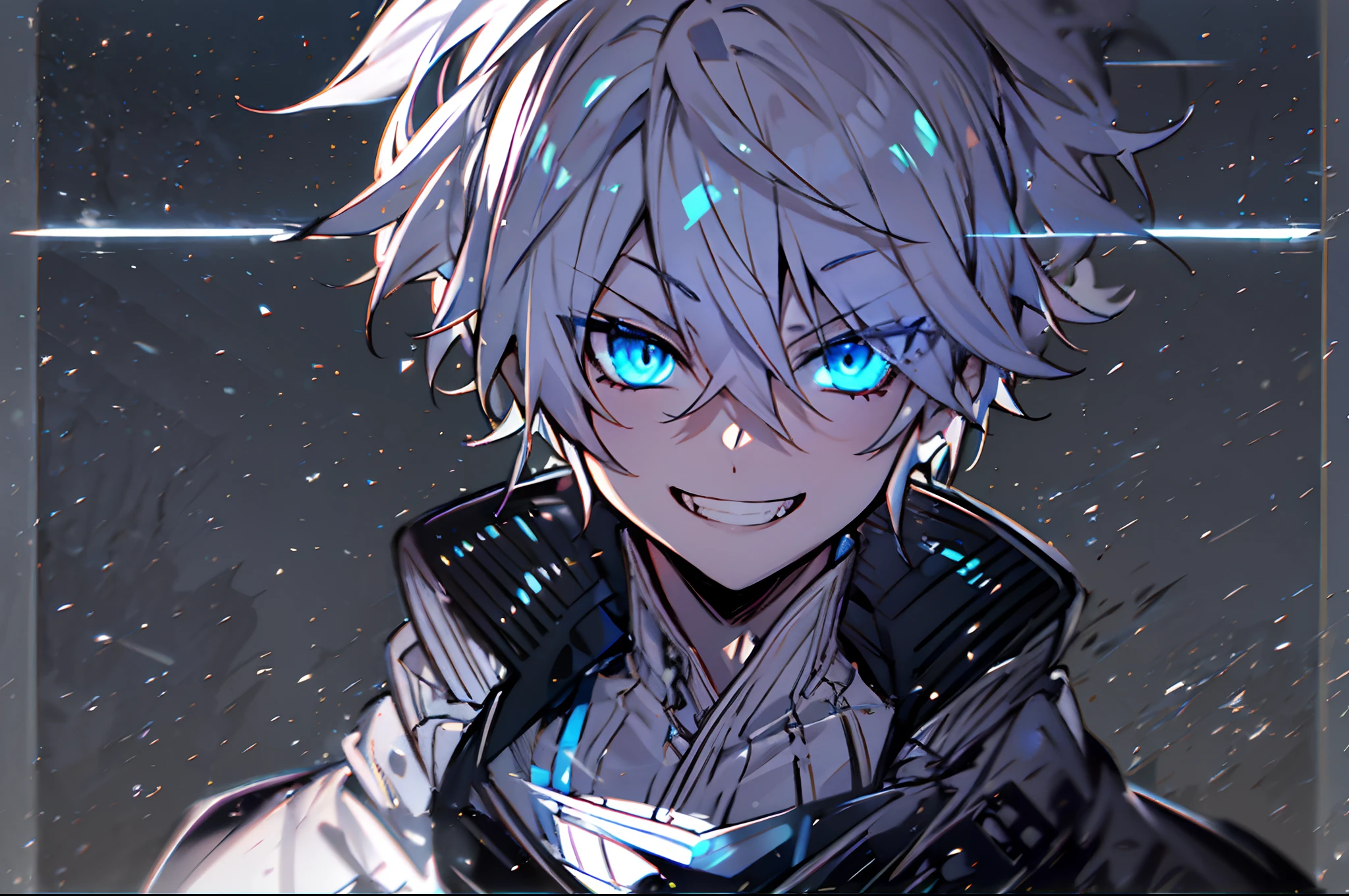 hight resolution,Anime boy with white hair and blue eyes staring at camera, Glowing blue eyes,slim, dressed in a black outfit,Shadow Body,de pele branca,monochromes,hair messy,Aggressive smile,Diagonal angle、grin