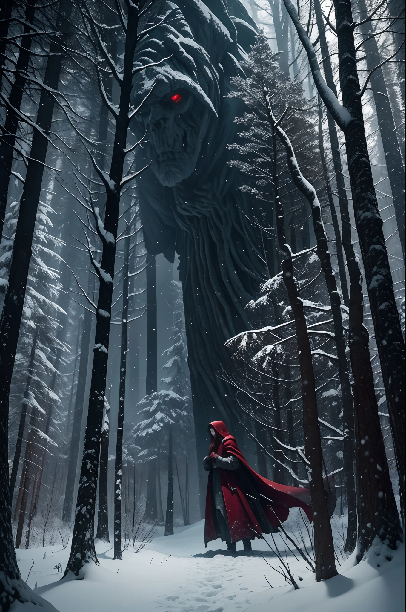 An ominous snowy forest rendered in the style of a dark fairy tale, featuring a women in a blood-red cloak cautiously making her way through the shadowy, gray tree trunks, with monstrous creatures lurking just out of sight.