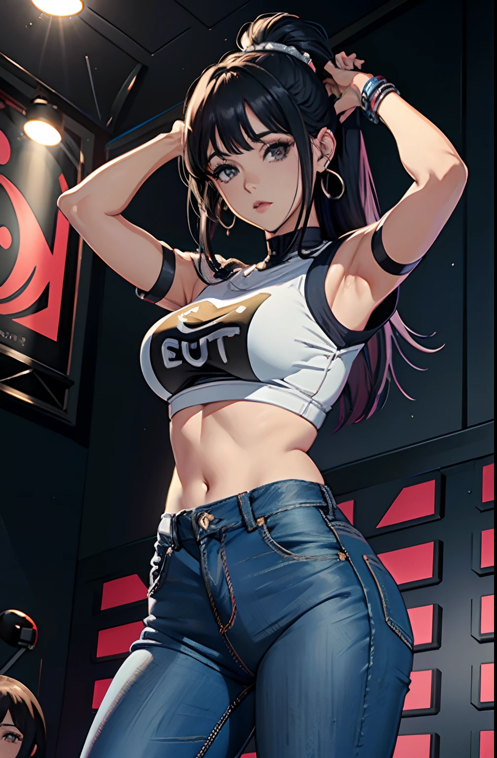 (Hinata Hyuga, muito sensual, com roupas apertadas, bunda grande, pernas grossas, Wearing extremely tight jeans, usando uma mini blusa, umbigo com pirsing, cabelo grande, Speaker behind, muito realista, extremamente sexy, 8k, 8k extremamente detalhado), (um extremamente delicado e bonito), (obra-prima), (melhor qualidade: 1.0), (ultra highres:1.0)