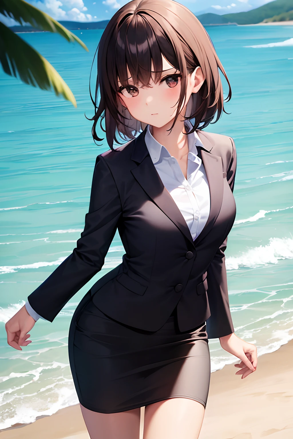 1girl, suit, beach, office lady, black skirt, black blazer, pencil skirt, medium skirt, brown hair