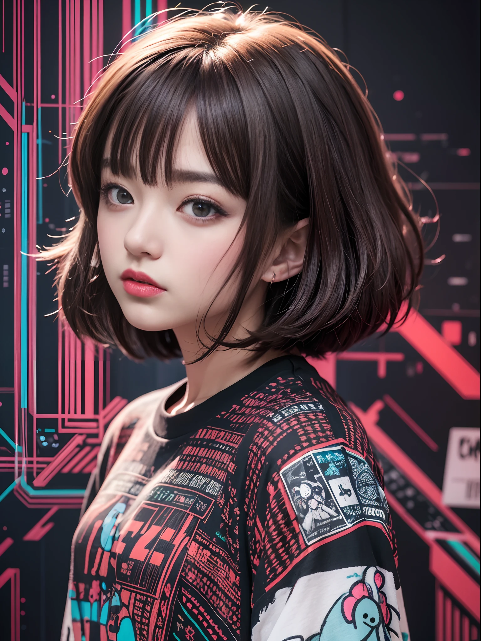 hightquality、Neon color palette、high-level image quality、Kawaii Girl、Unprecedented amount of drawing、anime styled、Geometric pattern background、sticker style、Short hair、Dark hair、Brown eyes, hair messy, Menhera, bandaged, Loose clothing, Baggy T-shirt, Self-injurious behavior, guro, Dark, Depressed, eye bags, Heavy eyes, Dark eyes, Blood, creepy, Eroguro, dark circles, neons, eyestrain, glitched, Retro, Scary,