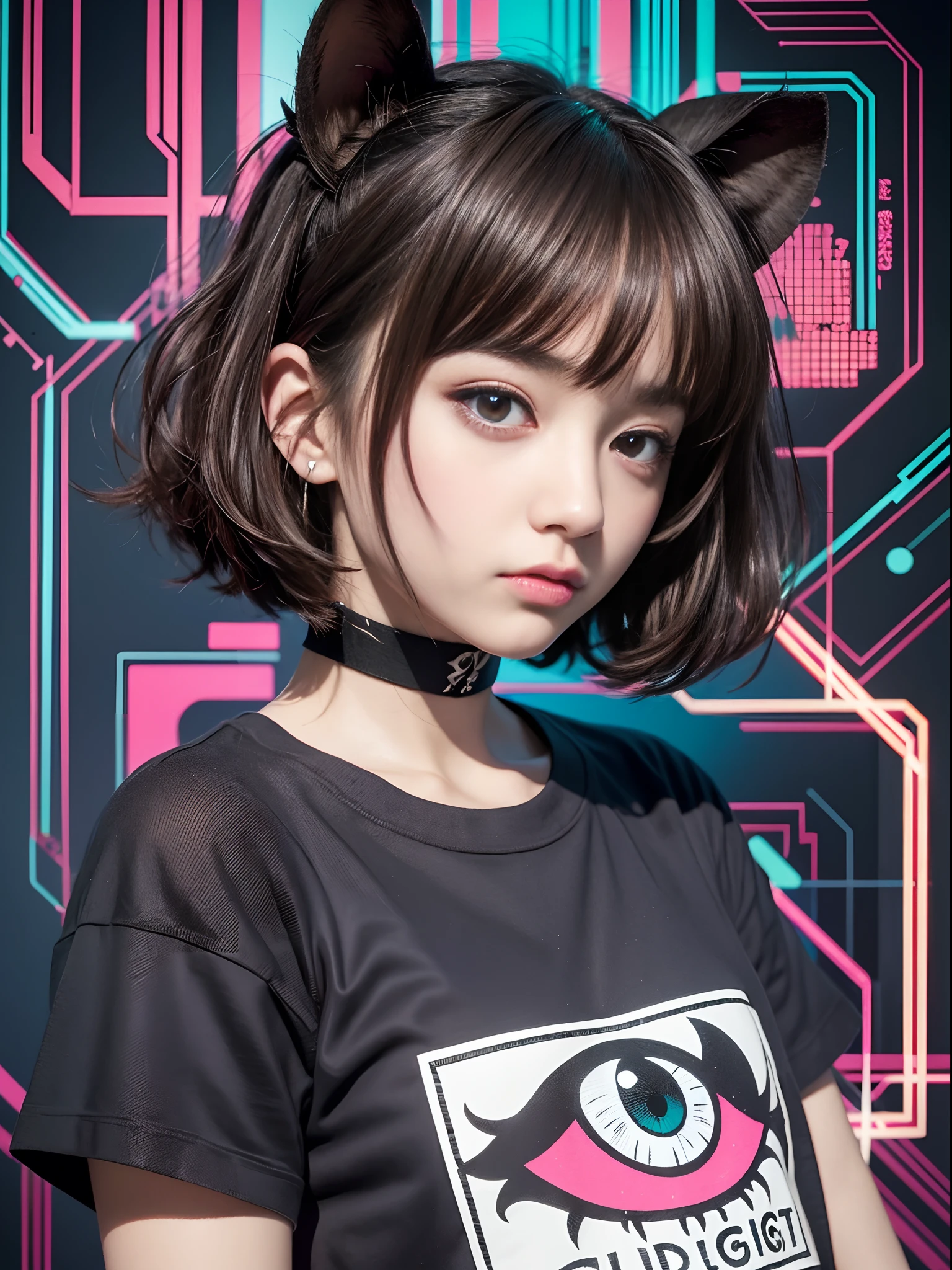 hightquality、Neon color palette、high-level image quality、Kawaii Girl、Unprecedented amount of drawing、anime styled、Geometric pattern background、sticker style、Short hair、Dark hair、Brown eyes, hair messy, Menhera, bandaged, Loose clothing, Baggy T-shirt, Self-injurious behavior, guro, Dark, Depressed, eye bags, Heavy eyes, Dark eyes, Blood, creepy, Eroguro, dark circles, neons, eyestrain, glitched, Retro, Scary,