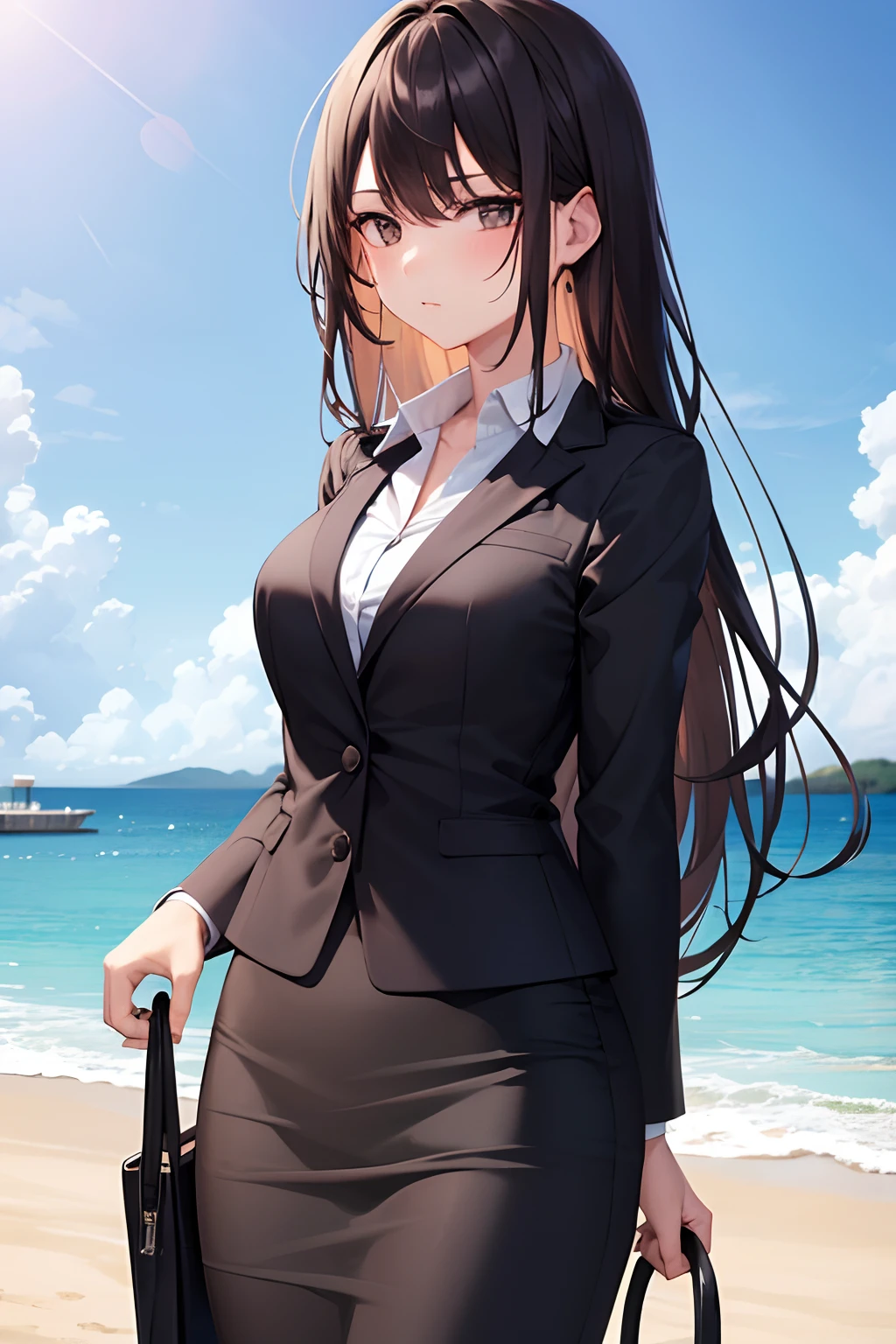 1girl, suit, beach, office lady, black skirt, black blazer, pencil skirt, long skirt, brown hair, long hair