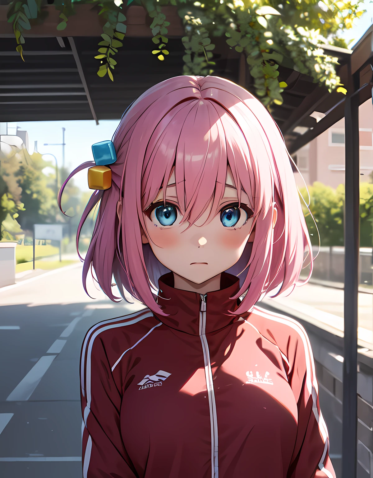 (masterpiece), 1girl, hitori gotou, blue eyes, hair between eyes, cube hair ornament, hair ornament, one side up, pink hair, short hair, tracksuit, black tracksuit, surprised, blush, shock, curious, outdoors