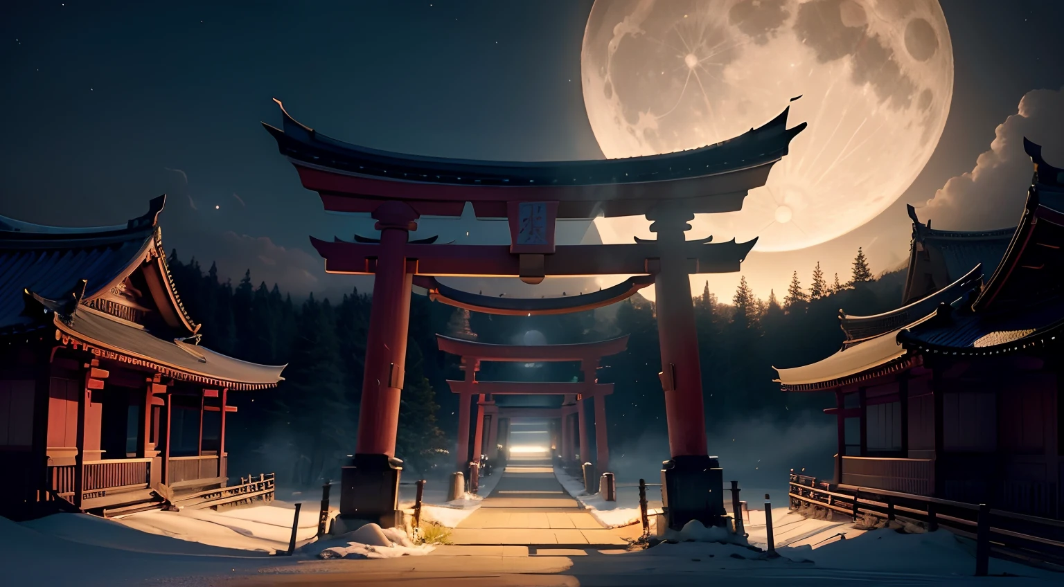 Rice Ear Masterpiece, Top image quality, Unity 8k Wallpapers、hight resolution, A continuous torii gate shining against the background of the full moon,Shining torii gate,Mystical,Fantastical, Photo taken with Nikon D 7 5 0, Photograph Taken on Nikon D750