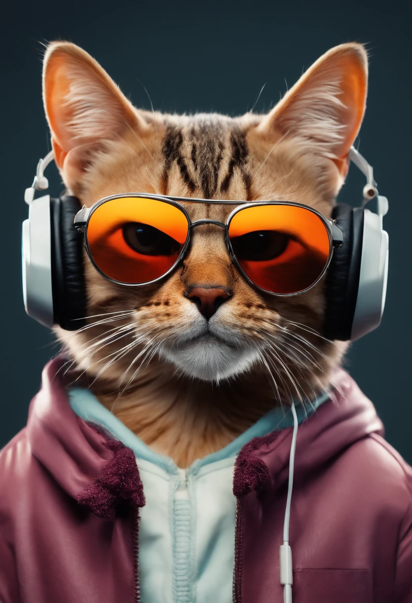 Perfect centering, cute little cat, Wear a jacket, Wearing sunglasses, Wearing headphones, cheerfulness, Standing position, Abstract beauty, Centered, Looking at the camera, Facing the camera, nearing perfection, Dynamic, Highly detailed, smooth, Sharp focus, 8K，A high resolution