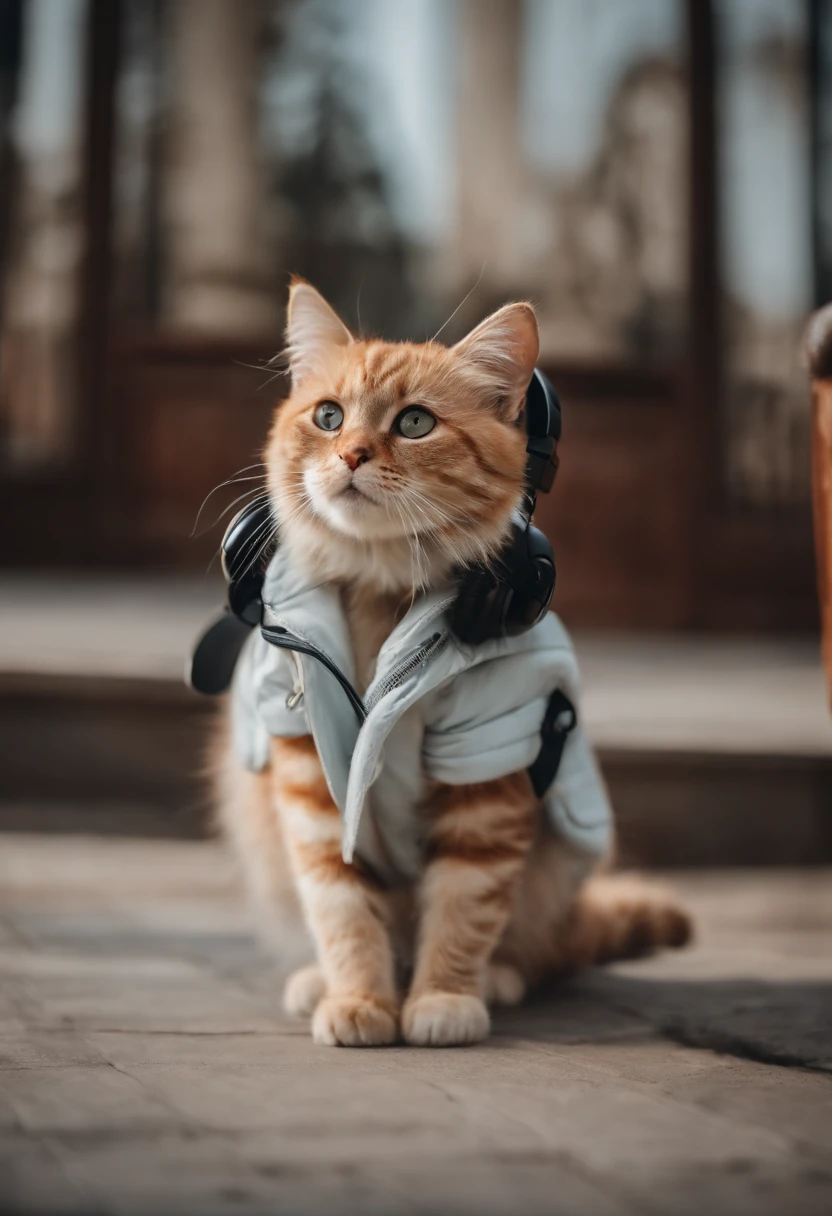 Perfect centering, cute little cat, Wear a jacket, Wearing sunglasses, Wearing headphones, cheerfulness, Standing position, Abstract beauty, Centered, Looking at the camera, Facing the camera, nearing perfection, Dynamic, Highly detailed, smooth, Sharp focus, 8K,A high resolution