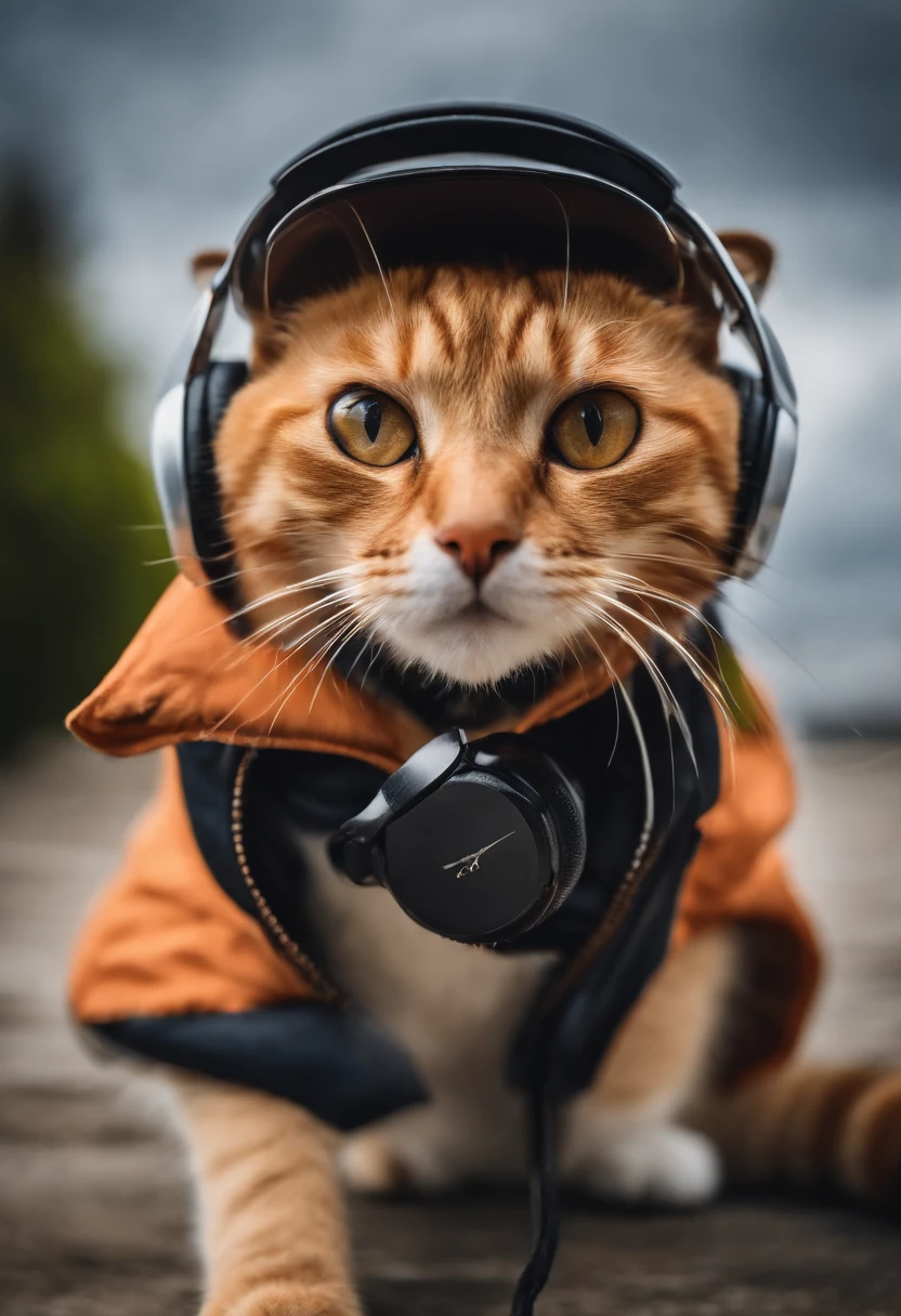 Perfect centering, cute little cat, Wear a jacket, Wearing sunglasses, Wearing headphones, cheerfulness, Standing position, Abstract beauty, Centered, Looking at the camera, Facing the camera, nearing perfection, Dynamic, Highly detailed, smooth, Sharp focus, 8K,A high resolution