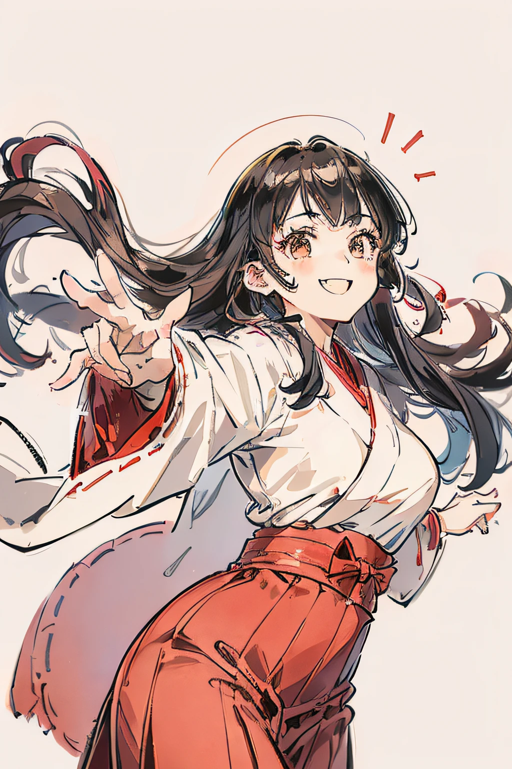 Girl in her 20s、long red skirt、Reaching out、Fluffy smile、thick long hair、White kimono、simple background