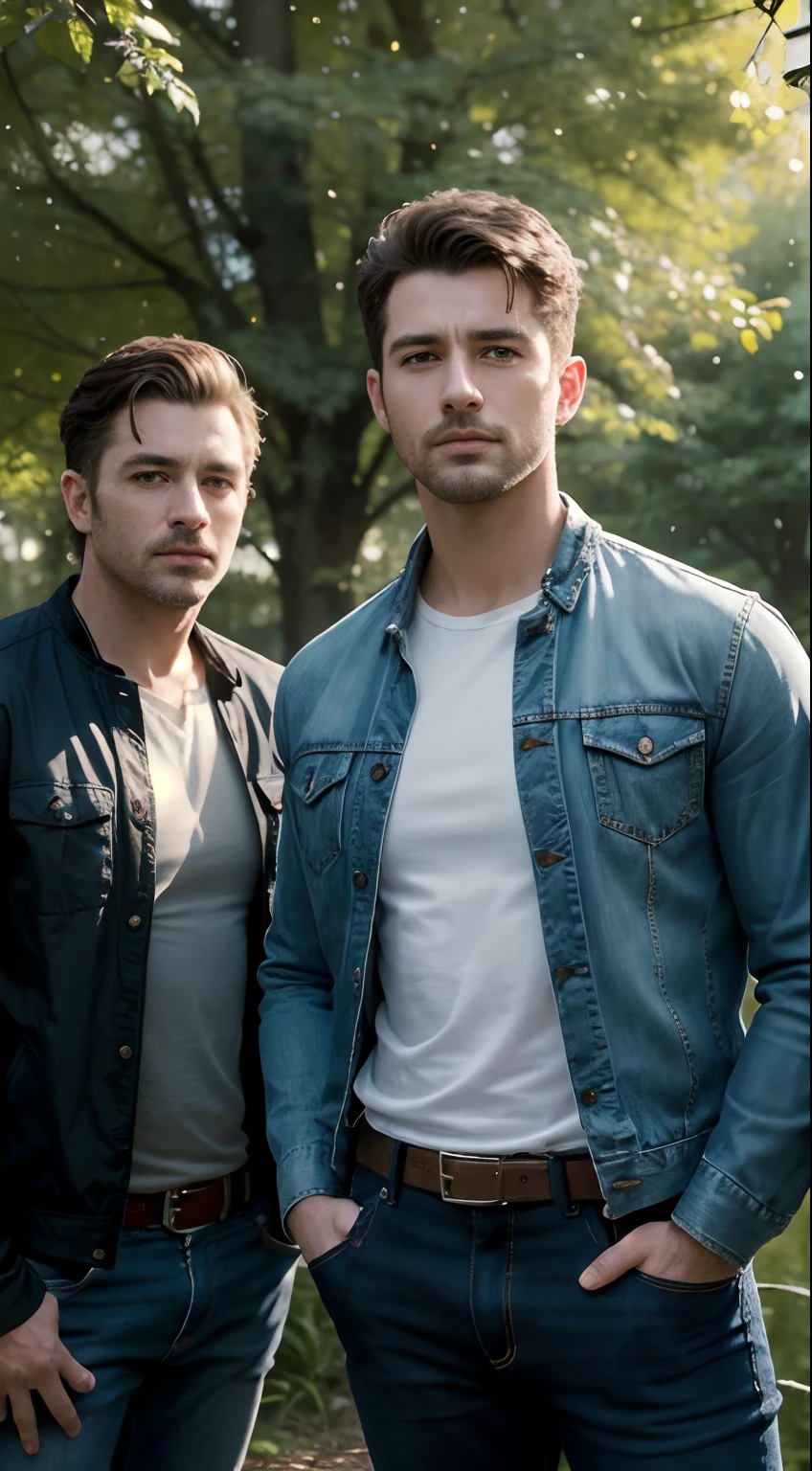 (best quality,4k,8k,highres,masterpiece:1.2),ultra-detailed,(realistic,photorealistic,photo-realistic:1.37),three men wearing jeans jackets stand under a tree. The sunlight shines through the leaves, casting beautiful light and shadow patterns on their faces. The texture of their denim jackets is clearly visible, with every stitch and detail rendered in sharp focus. The portrait captures the maturity and character in their faces, highlighting the lines and contours. The scene is surrounded by lush greenery, with vibrant and vivid colors that bring the image to life. [HDR] enhances the dynamic range and depth of the colors, creating a visually stunning effect.