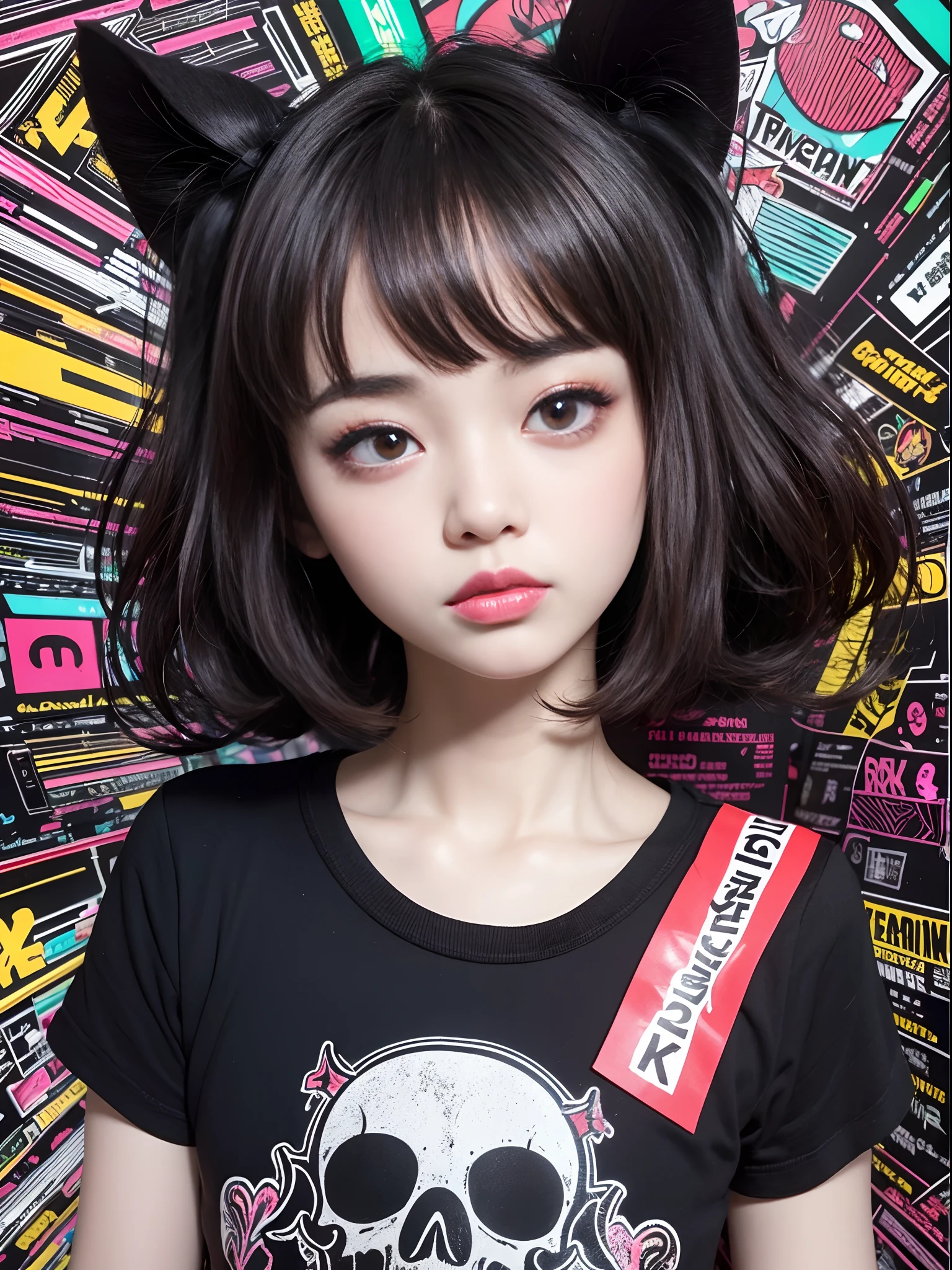 hightquality、Neon color palette、high-level image quality、Kawaii Girl、Unprecedented amount of drawing、anime styled、Geometric pattern background、sticker style、Short hair、Dark hair、Brown eyes, hair messy, Menhera, bandaged, Loose clothing, Baggy T-shirt, Self-injurious behavior, guro, Dark, Depressed, eye bags, Heavy eyes, Dark eyes, Blood, creepy, Eroguro, dark circles, neons, eyestrain, glitched, Retro, Scary,