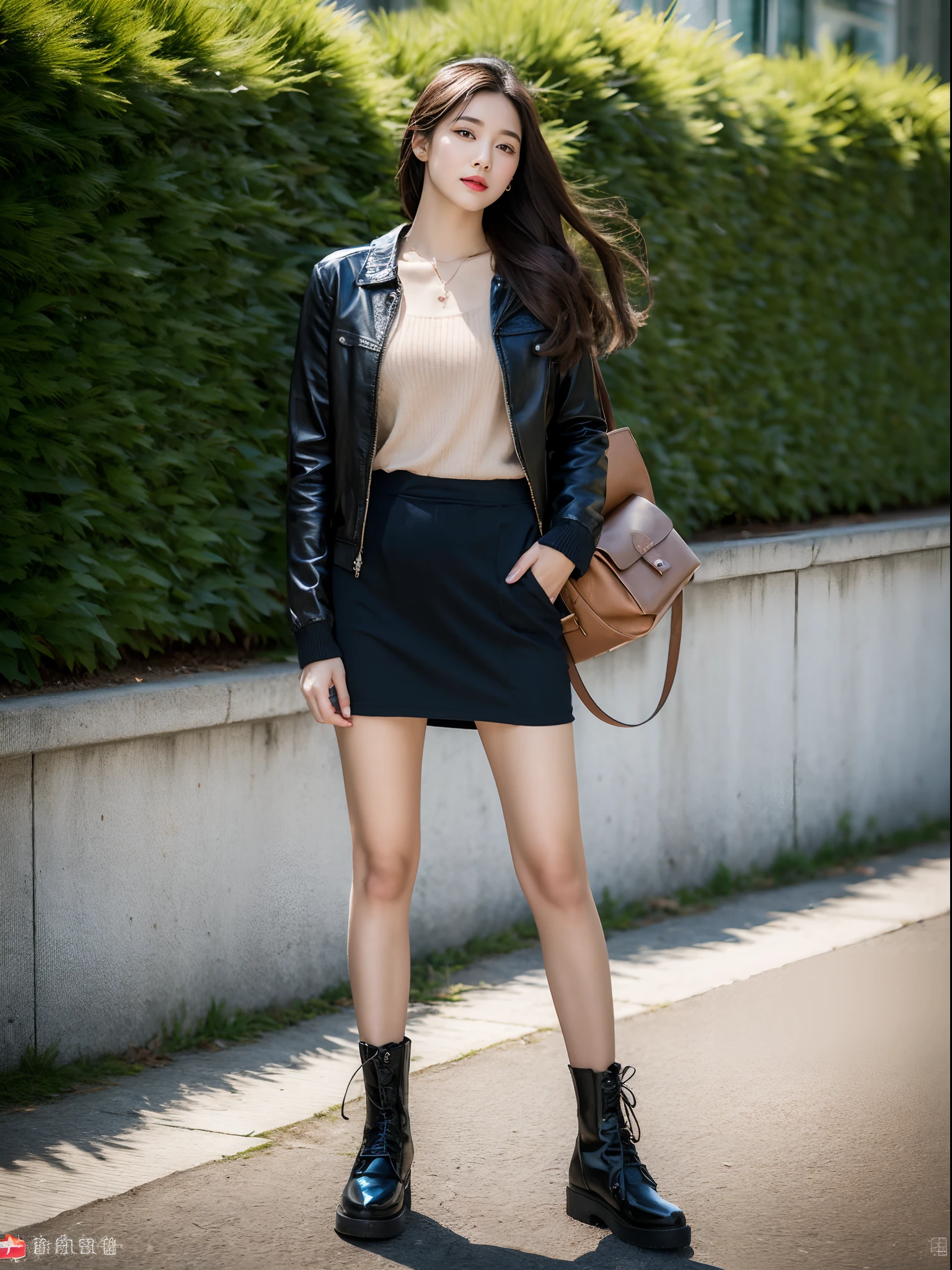 (RAW photo:1.2), (Photorealistic:1.4),Beautiful detailed woman,very detailed eyes and faces, A detailed eye, ultra - detailed, A high resolution, The is very detailed,best qualtiy,illustratio,unified,8k 壁纸,tmasterpiece,best qualtiy,1 group of girls standing side by side,full bodyesbian, 1girll,Solo,a skirt,Pocket,carryng bag,long whitr hair,Boots,jewely,full bodyesbian,brown hair,Fashionab,jaket,Black shoes,耳Nipple Ring,standing on your feet,with brown eye,realisticlying