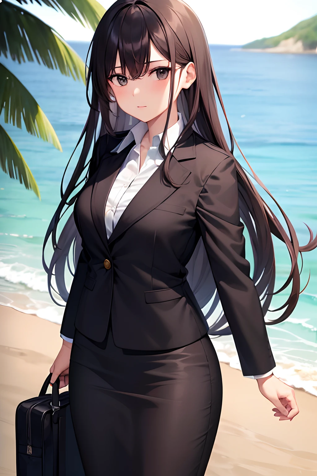 1girl, suit, beach, office lady, black skirt, black blazer, pencil skirt, long skirt, brown hair, long hair