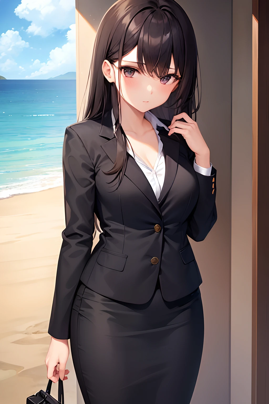 1girl, suit, beach, office lady, black skirt, black blazer, pencil skirt, long skirt, brown hair, long hair