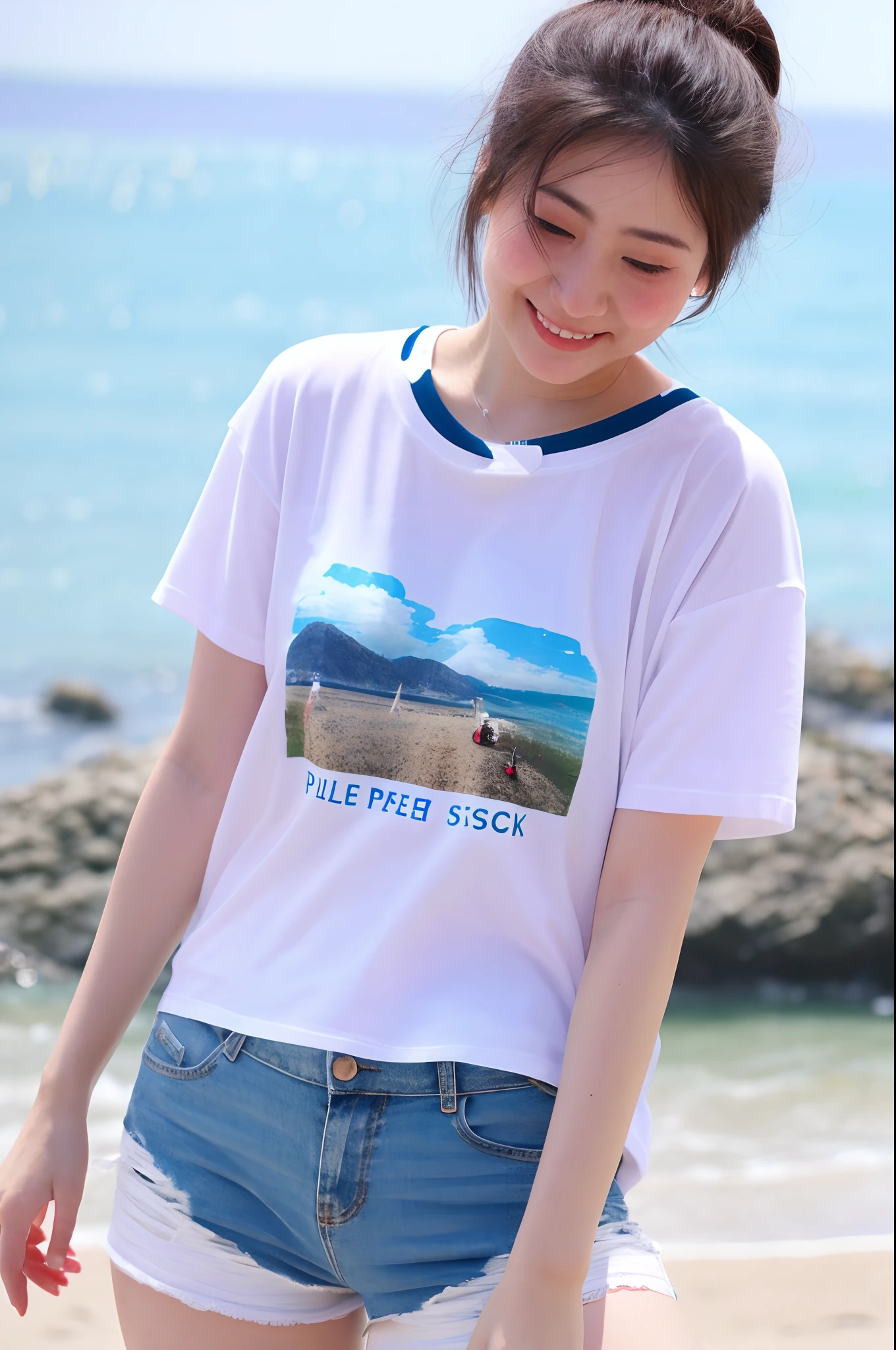 High detailed, masterpiece, pretty female, white skin, Crop T-shirt, shy, short pants, beach background, little smile, blushing