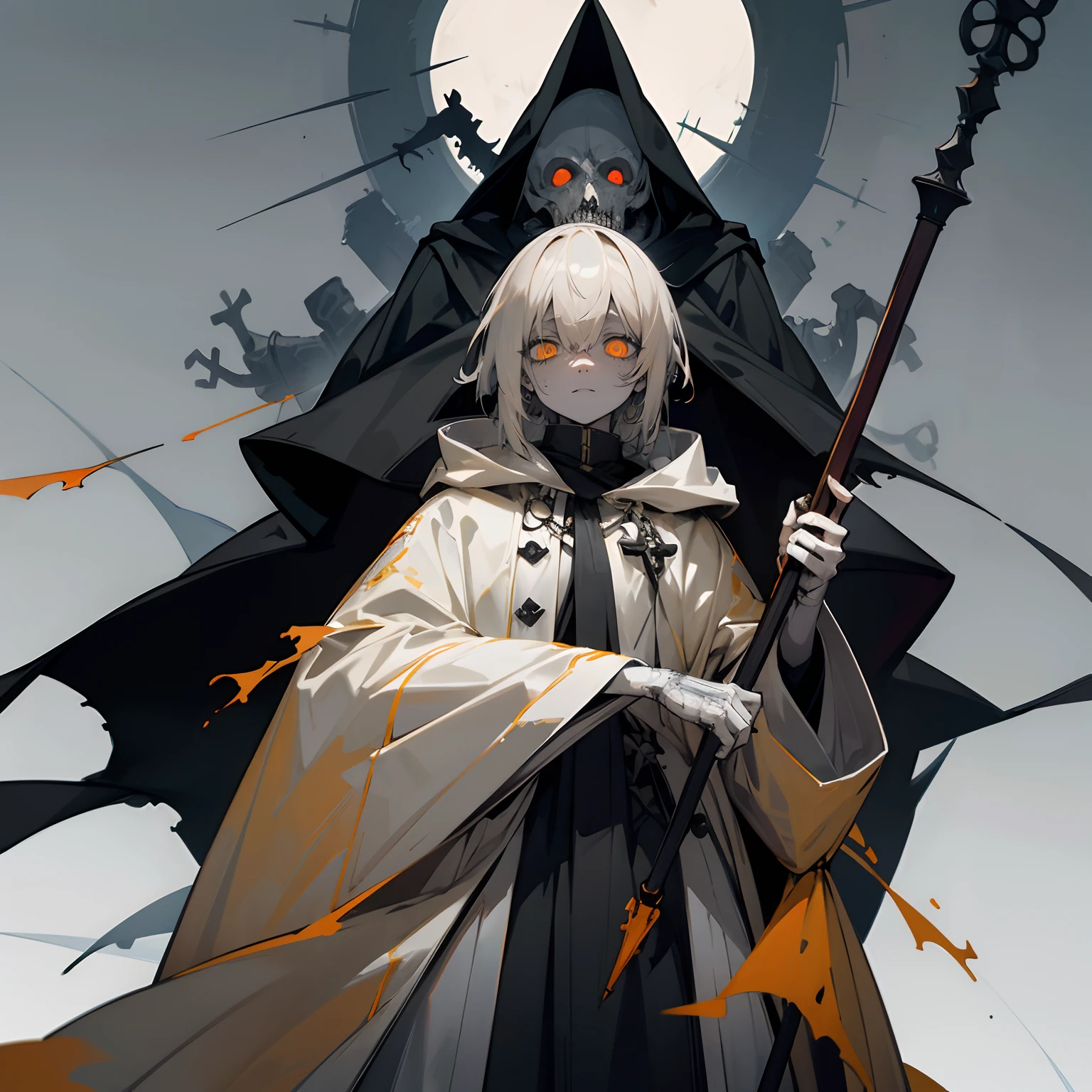 Zombie wizard,gray colored skin,The body was covered with wounds and bones exposed outside。A tuft of pale yellow hair,And a pair of godless eyes。black toga、Hooded cape,Holding a staff in his hand,one-girl