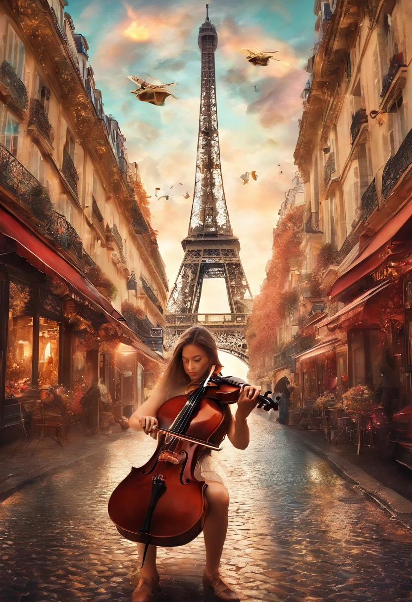 a woman playing violin in the middle of a Paris street, Eiffel tower, a f35 aircraft in the sky