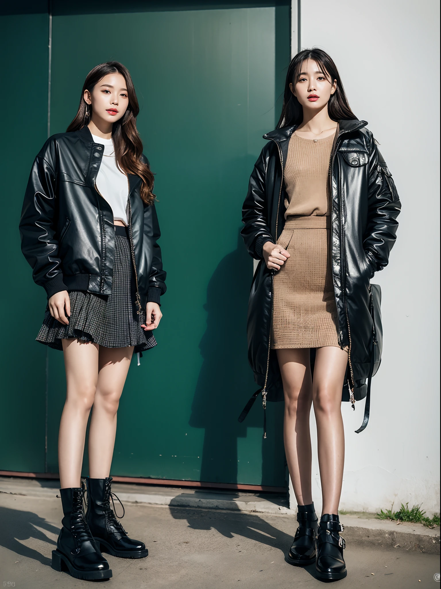 (RAW photo:1.2), (Photorealistic:1.4),Beautiful detailed woman,very detailed eyes and faces, A detailed eye, ultra - detailed, A high resolution, The is very detailed,best qualtiy,illustratio,unified,8k 壁纸,tmasterpiece,best qualtiy,1 group of girls standing side by side,full bodyesbian, 1girll,Solo,a skirt,Pocket,carryng bag,long whitr hair,Boots,jewely,full bodyesbian,brown hair,Fashionab,jaket,Black shoes,耳Nipple Ring,standing on your feet,with brown eye,realisticlying