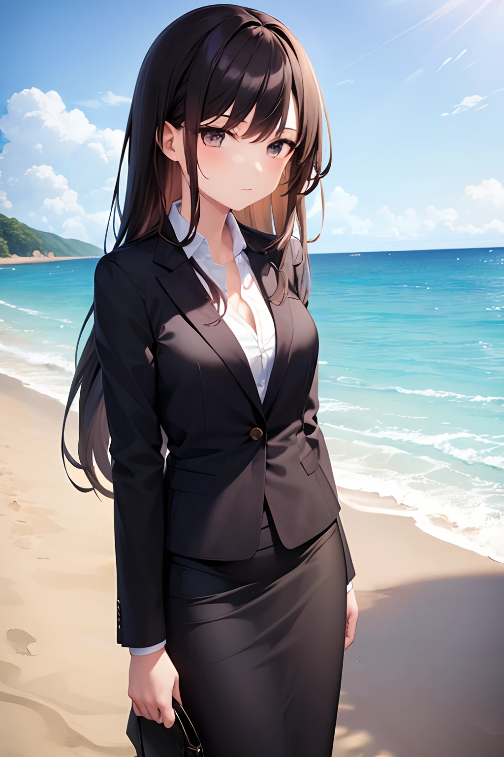 1girl, suit, beach, office lady, black skirt, black blazer, pencil skirt, long skirt, brown hair, long hair, ager