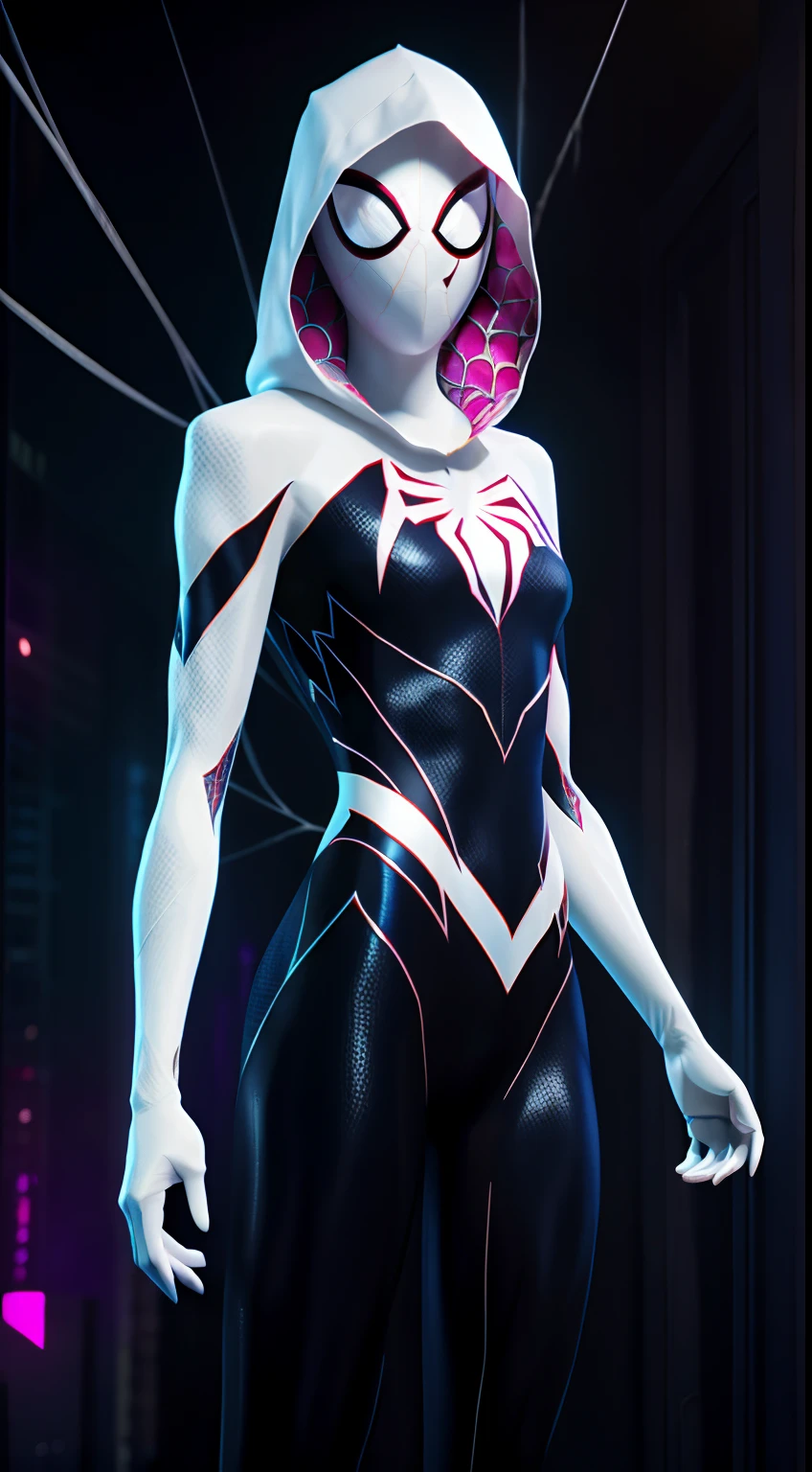 Spider Gwen, Ghost Spider, organic-looking clothing, eyes, fine art, PS5 cinematic screenshot, highly detailed detailed cinematic rendering, ultra photorealistic raytricing, with cinematic lighting