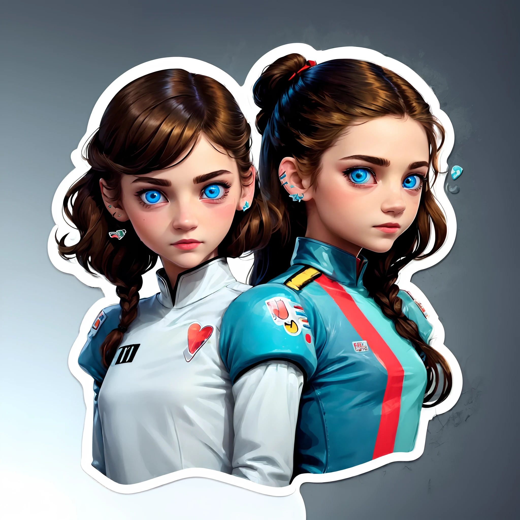 (sticker:1.8),White border of the sticker,s girl,White and red military uniform,Futuristic military uniform with minimalist design,brunette color hair,blue color eyes,glowing light eyes,Pale color background