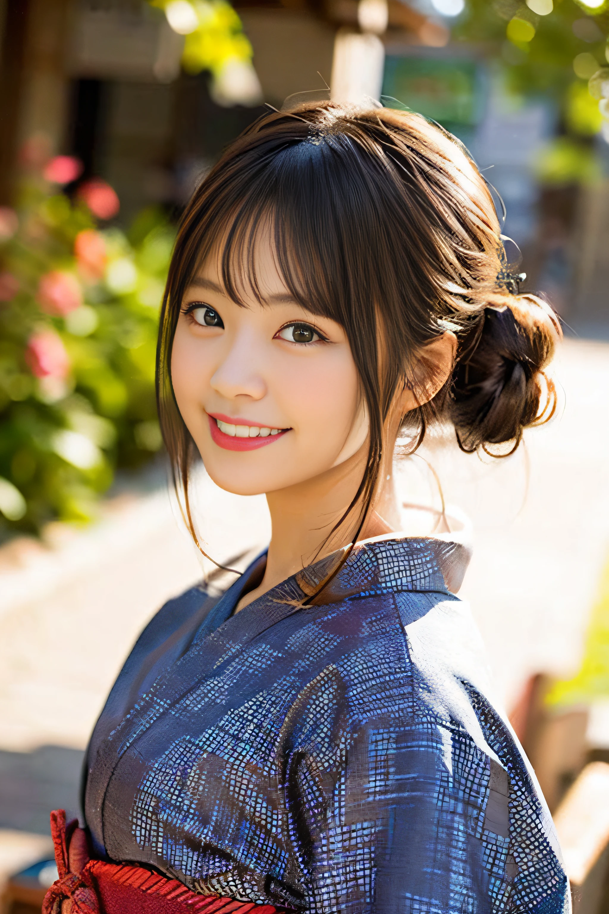 (8K、Raw photography、top-quality、masterpiece:1.2)、(realisitic、Photorealsitic:1.37)、ultra-detailliert、超A high resolution、1人、see the beholder、beautifull detailed face、A smile、Constriction、(Slim waist) :1.3)、Beautiful detailed skin、Skin Texture、Floating hair、Professional Lighting、Whole human body、a blond、Japanese Yukata、Floral yukata、Yukata with autumn leaf pattern、autumnal、Colored leaves、Red ribbons、Bob Hair、Happy smile、Suppin、Bun hairstyle