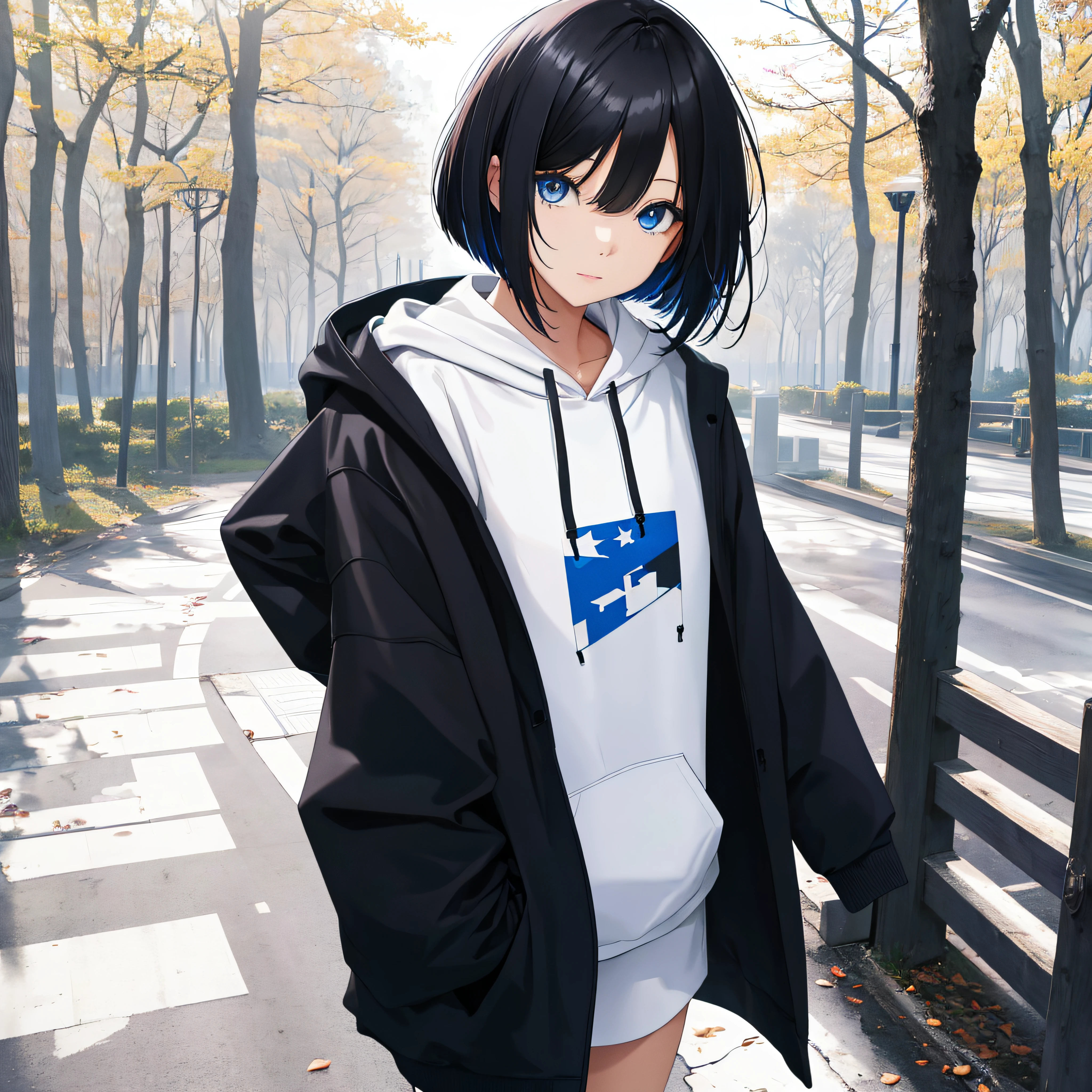 Woman strolling in park、Black Medium Bob、Blue eyes、White hoodie、the woods、Soto、top-quality