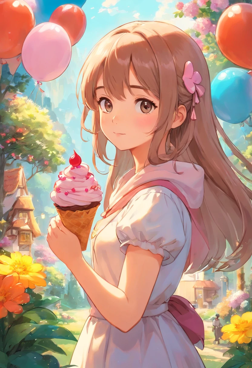 A beautiful girl with a teddy bear, Candy Garden Ice Cream Tree, jujubas como flores,Lots of cupcake-shaped balloons,alegria,regozijar,Estilo de pintura achatado,Perfect quality for commercial illustrations,Clear focus(Desordem - Home:0.8), (tmasterpiece:1.2) (realista:1.2) (Bokeh) (melhor qualidade) (Pele detalhada:1.3) (Detalhes complexos) (8k) (Olhos Detalhados) (foco nítido),(Divirta-se)
