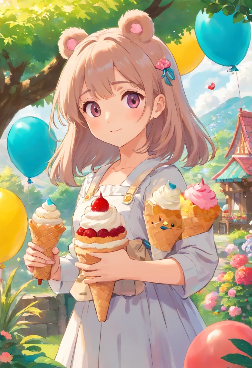 A beautiful girl with a teddy bear, Candy Garden Ice Cream Tree, jujubas como flores,Lots of cupcake-shaped balloons,alegria,regozijar,Estilo de pintura achatado,Perfect quality for commercial illustrations,Clear focus(Desordem - Home:0.8), (tmasterpiece:1.2) (realista:1.2) (Bokeh) (melhor qualidade) (Pele detalhada:1.3) (Detalhes complexos) (8k) (Olhos Detalhados) (foco nítido),(Divirta-se)
