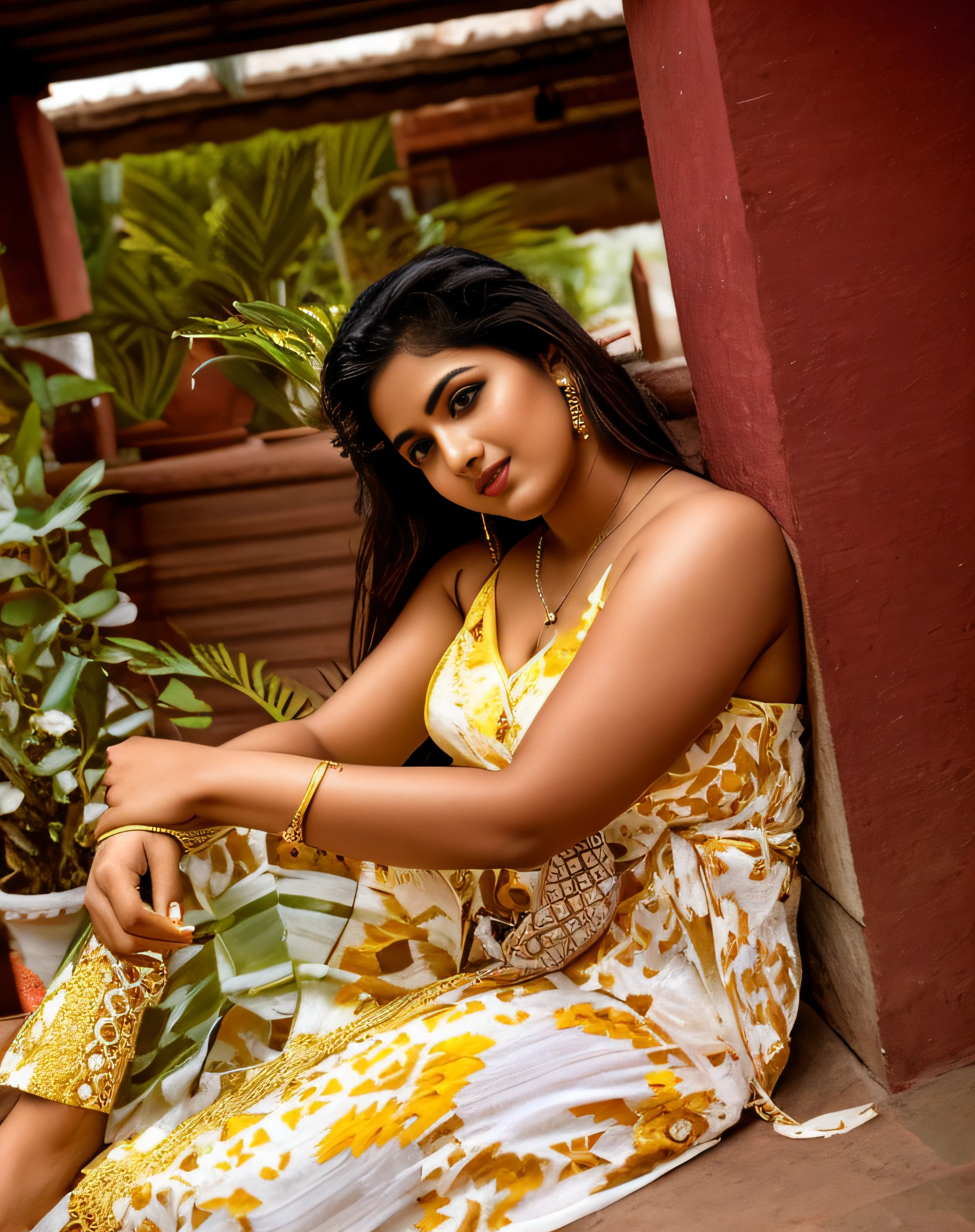 Indian female model divya bharti sitting on a porch with a plant in the background, candid picture, attractive girl, with lovely look, assamese aesthetic, sexy girl, candid photography, stunning woman, very seductive pose, stunning beauty, traditional beauty, stylish pose, lovely woman, modeling photography, profile photography, casual photography, gorgeous woman, gorgeous lady, glamorous pose, seductive lady