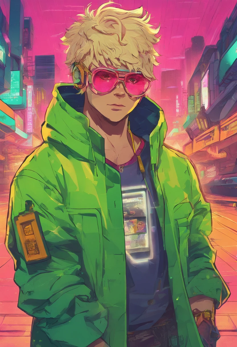 Bear ears、1 boy、a blond、eye glasses、Green eyes、green coat、The human
