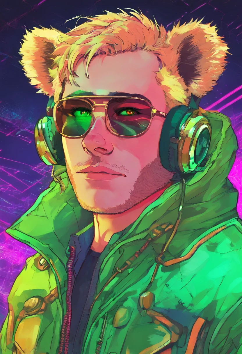 Bear ears、1 boy、a blond、eye glasses、Green eyes、green coat、The human