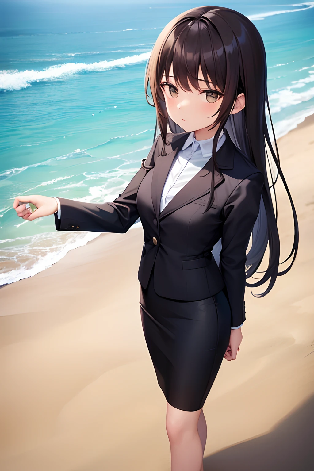 Anime girl in a black suit standing on a beach near the ocean - SeaArt AI