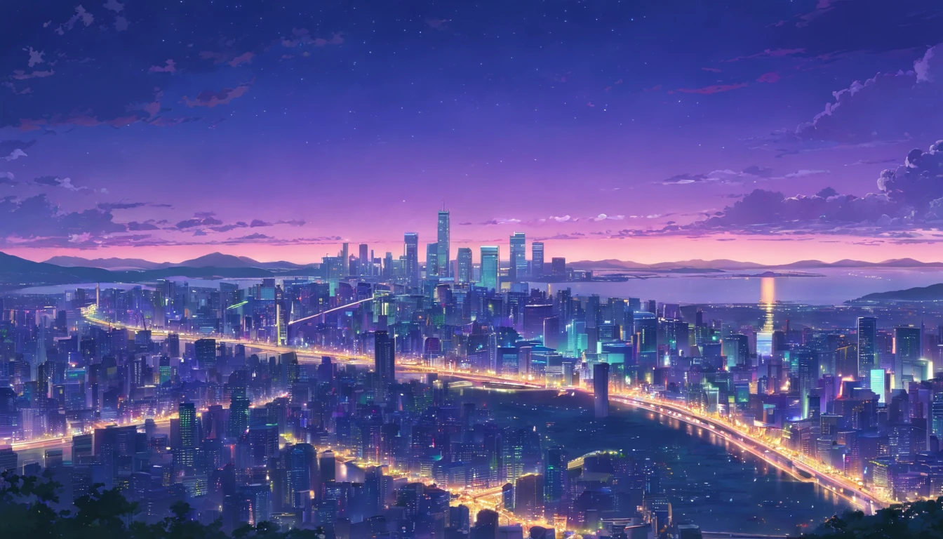 Night view of the city overlooking the purple sky