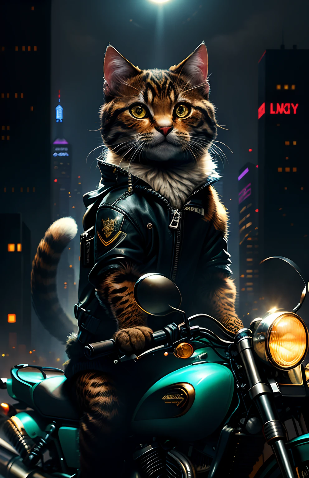 Masterpiece, (ultradadetailed), (Animal anthropomorphism), Gangster theme, Kittens, jaket, Lovely，Ride a motorcycle in dim light，Machine guns，smog，shadowing，Corrupt cityscape，HighestQuali，solofocus，（Thin and light：1.04），full bodyesbian，复杂（high detal：1.1）