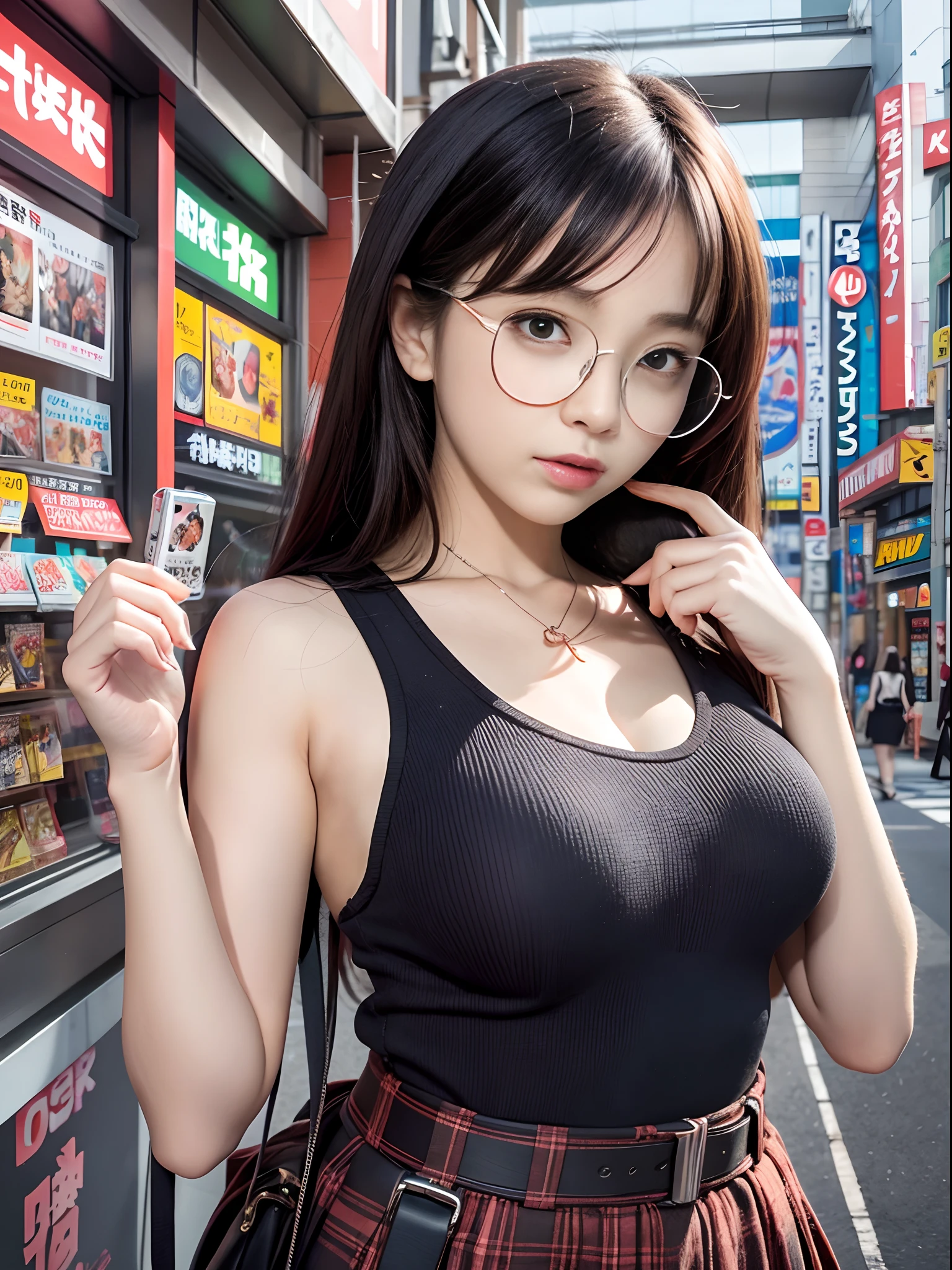 Beautiful anime otaku woman、solo women、akihabara、shopping、Flat Vector Art、The upper part of the body、eye glasses、Colossal tits、faces、viewfinder、illustratio、concept-art、animesque、key visual、Trending pixiv fanbox