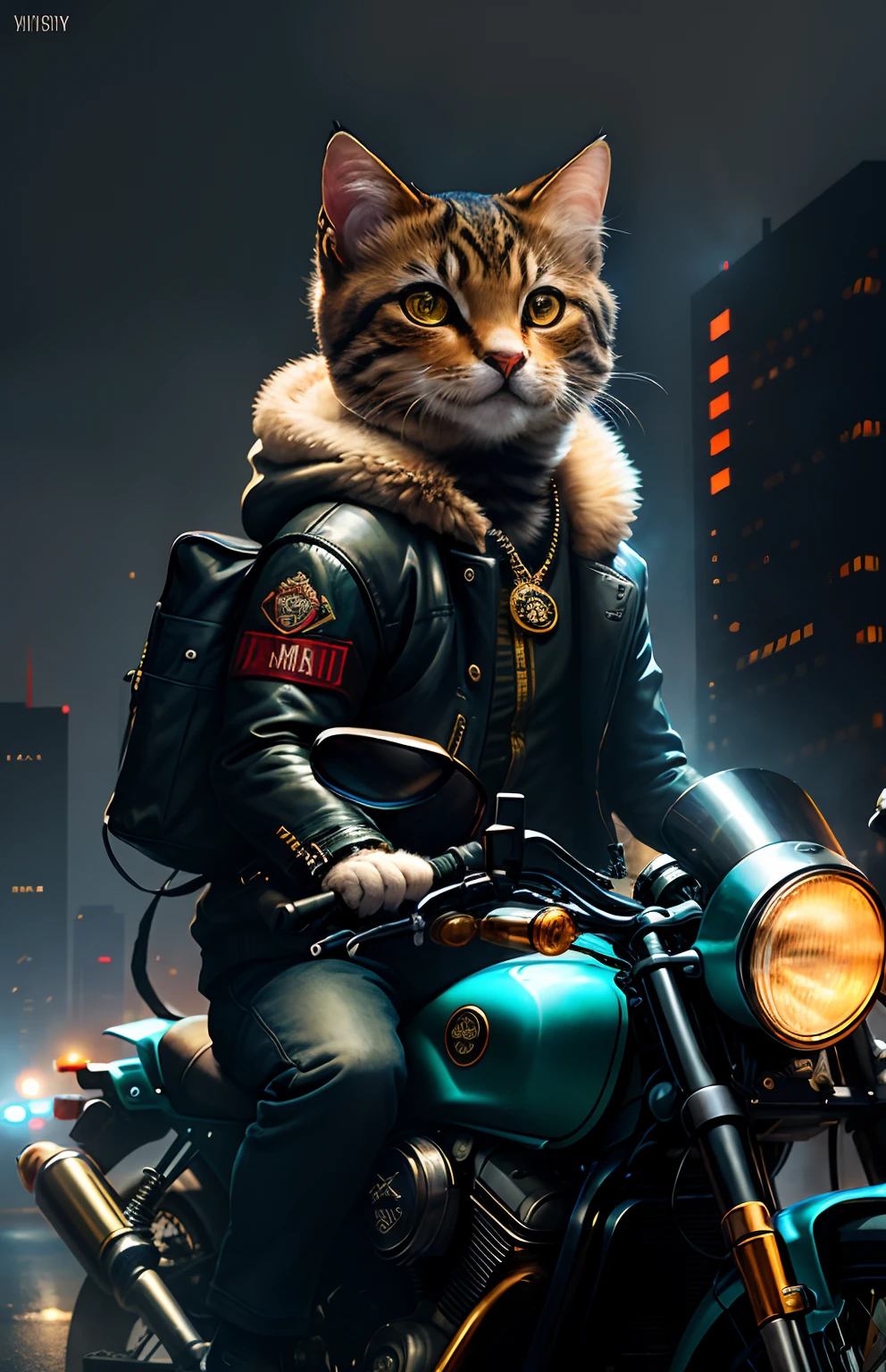 Masterpiece, (ultradadetailed), (Animal anthropomorphism), Gangster theme, Kittens, jaket, Lovely,Ride a motorcycle in dim light,Machine guns,smog,shadowing,Corrupt cityscape,HighestQuali,solofocus,(Thin and light:1.04),full bodyesbian,复杂(high detal:1.1)