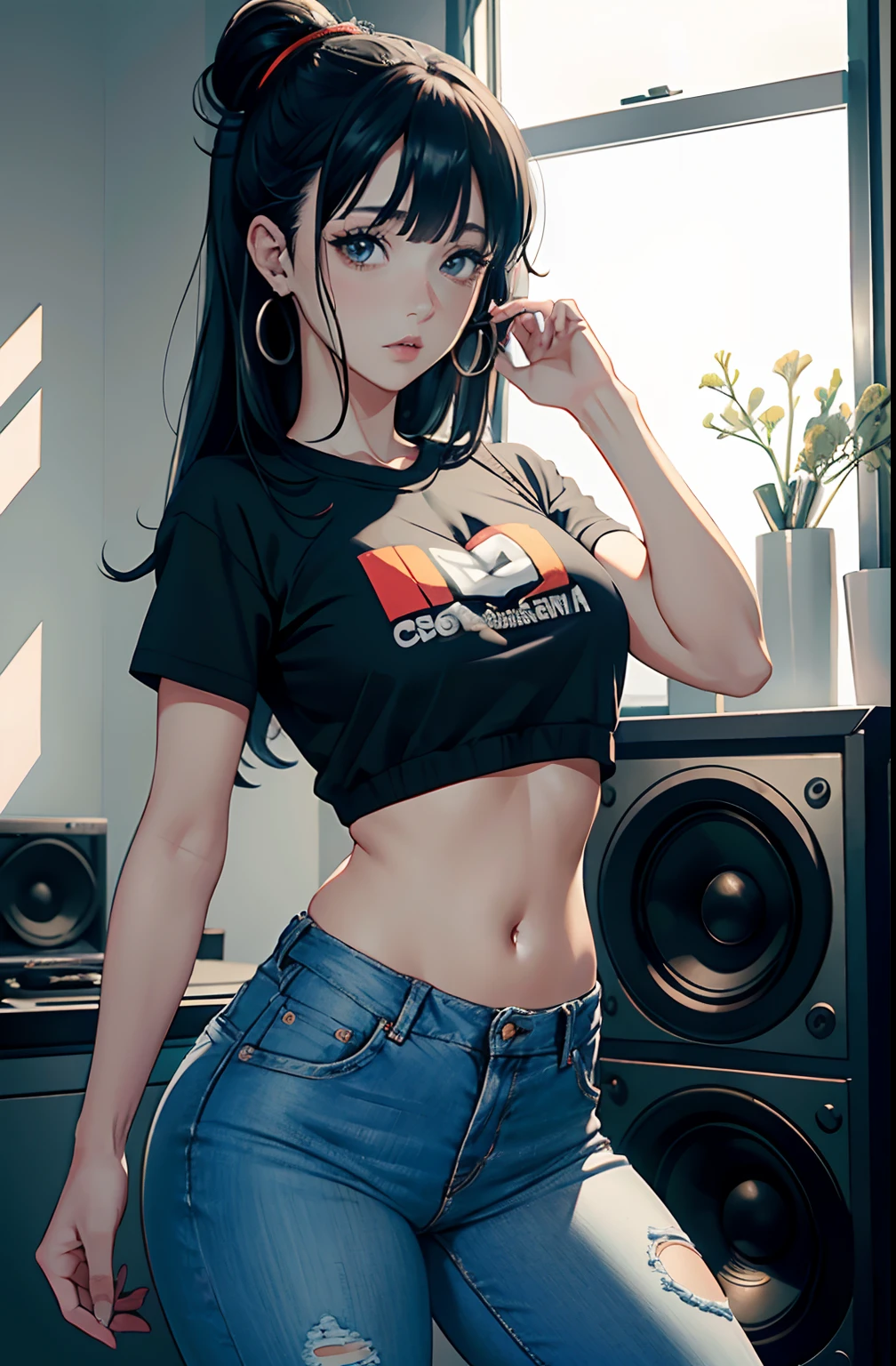 Anime Kawaii sexy Perfect Slim sensual body large breast and huge thighs, An intricate and highly detailed illustration of anime (Young girl) living woman, very sensual, with funk girl clothes, Brazilian, Rio de Janeiro, dancing funk, rolling, big-ass, legs thick, wearing extremely short denim shorts, wearing a mini blouse, umbigo com pirsing, Nike sneakers, longye hair, Speaker behind, fully body, very realistic, extremely sexy, 8k, 8k extremamente detalhado), (an extremely delicate and beautiful), (Masterpiece artwork), (best qualityer: 1.0), (ultra high resolution:1.0)
