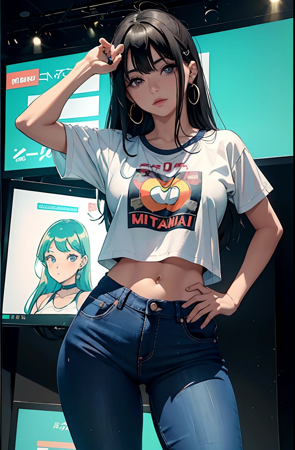 (Hinata Hyuga, muito sensual, com roupas apertadas, bunda grande, pernas grossas, Wearing extremely tight jeans, usando uma mini blusa, umbigo com pirsing, cabelo grande, Speaker behind, muito realista, extremamente sexy, 8k, 8k extremamente detalhado), (um extremamente delicado e bonito), (obra-prima), (melhor qualidade: 1.0), (ultra highres:1.0)