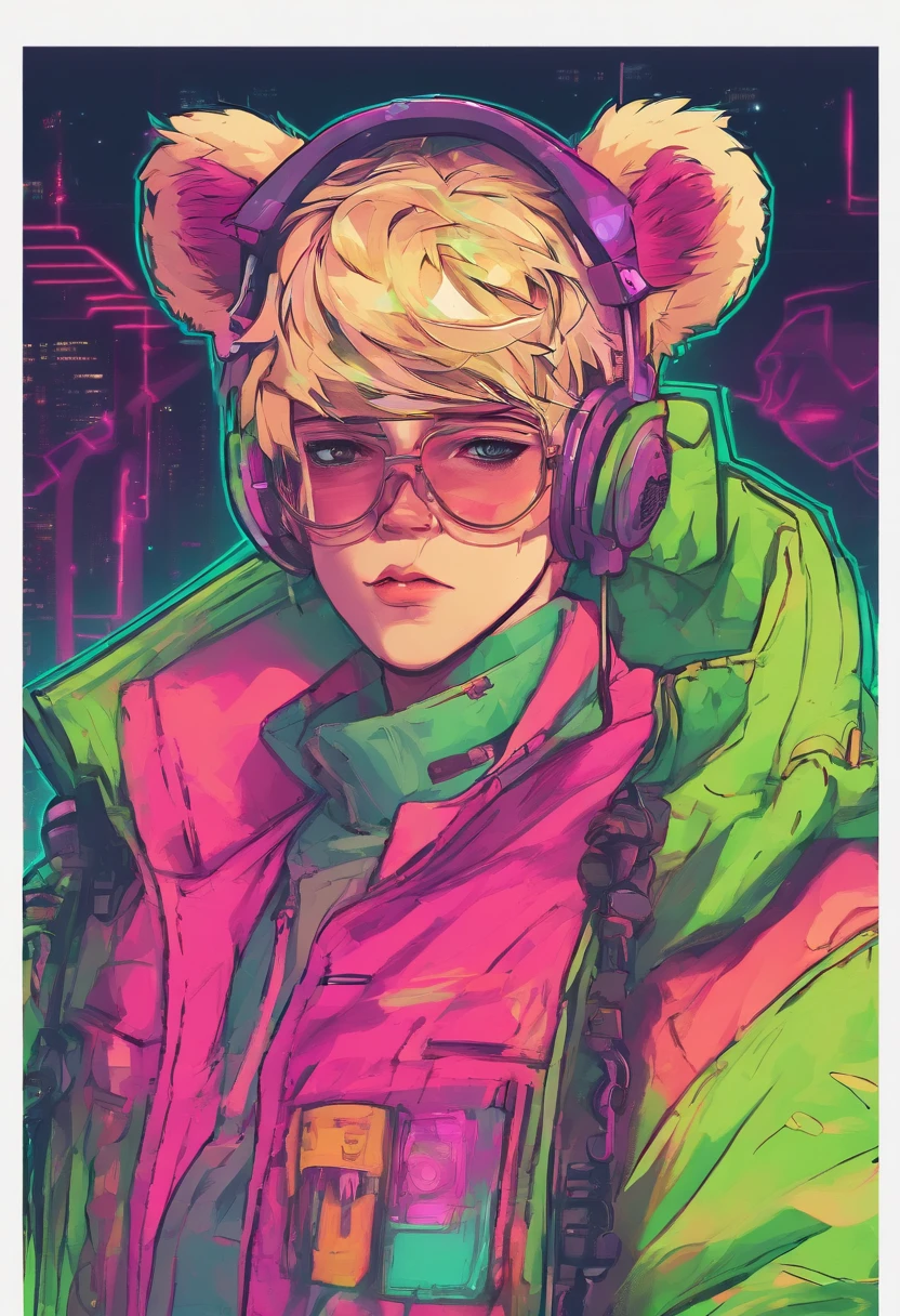 Bear ears、1 boy、a blond、eye glasses、Green eyes、green coat、The human、Beautiful Boys