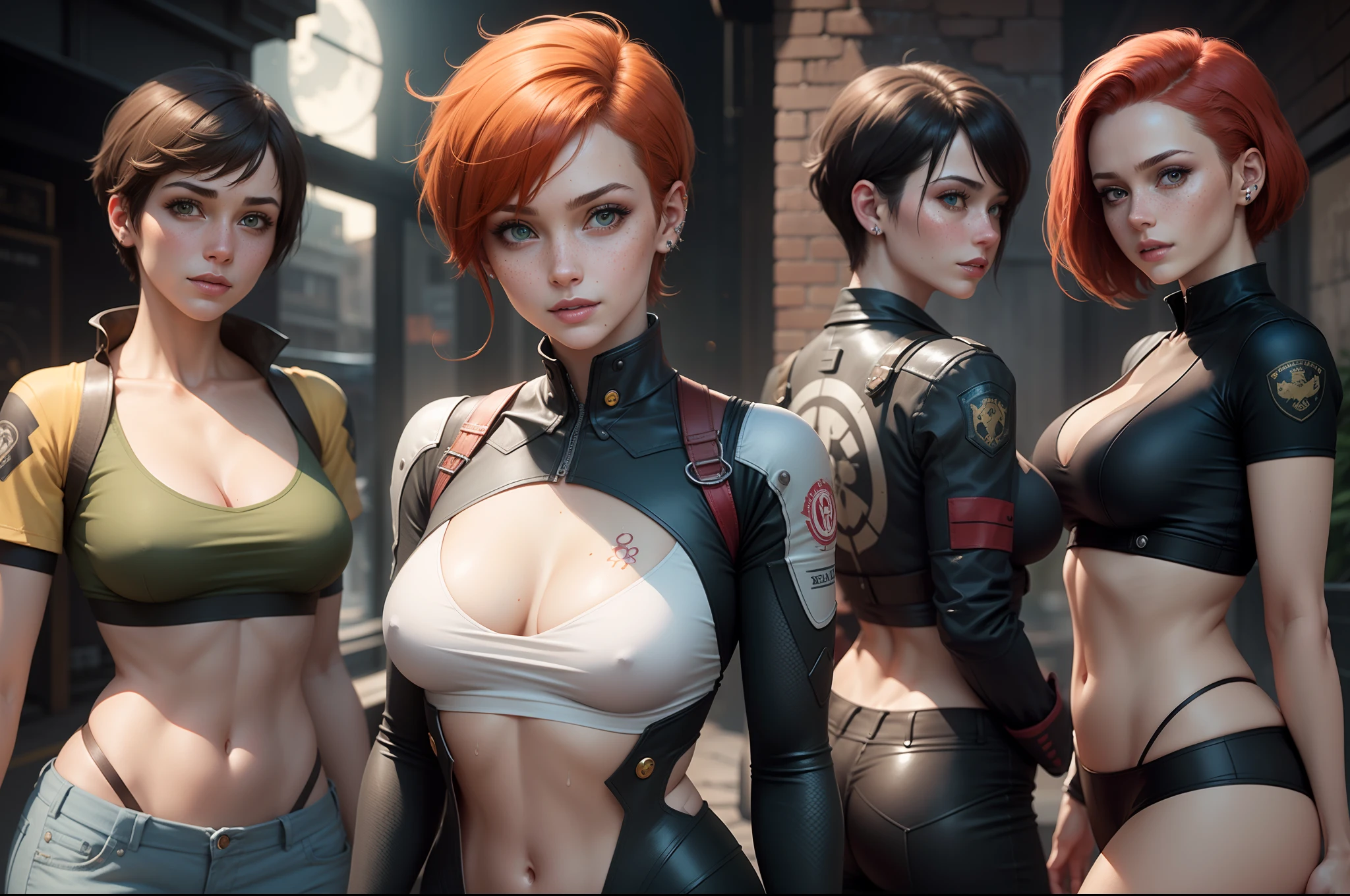 gwen tennyson,tracer,jill valentine, rebecca chambers,overwatch,resident evil,close up,mecha pilot,body paint, haunted mansion,tattoos,blue and gray plugsuit,white short sleeve silk top,steel cargo pants,uncovered belly, short hair,cute makeup,green eyes, red and gold hair,shy smile,freckles, redhead,beautiful girl,large breasts, ultra detailed,realistic,fantasy art, military uniform,steel armor,monster lab,moonlight,police uniform,pilot jacket,ear piercings,hair pin,wet body, portrait close up,